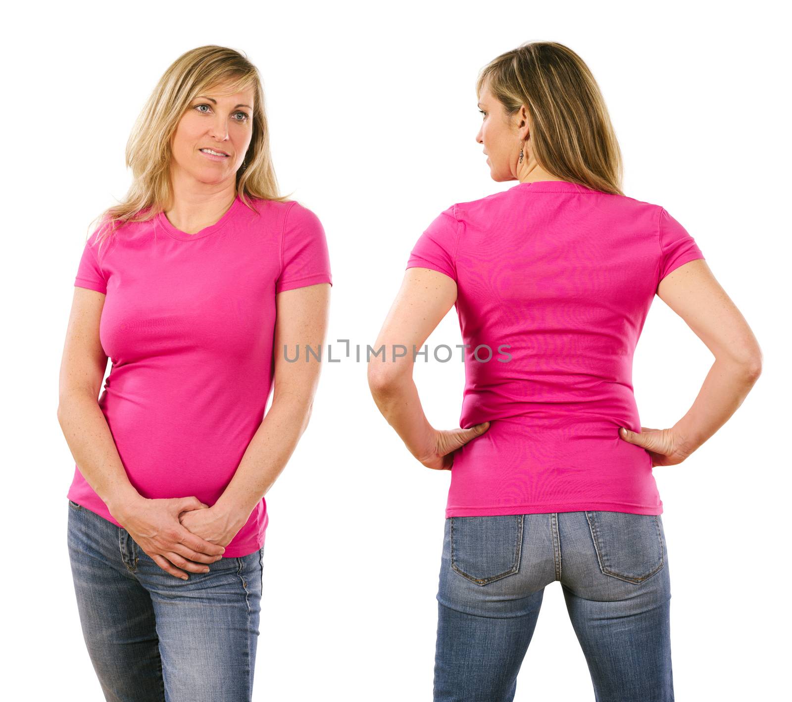 Photo of a beautiful blond woman in her early forties wearing a blank pink shirt. Ready for your design or artwork.