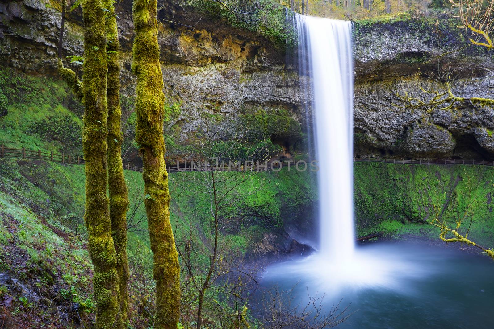 South Falls at Silver Falls Park in Oregon with water falling into a pond done with slow exposure