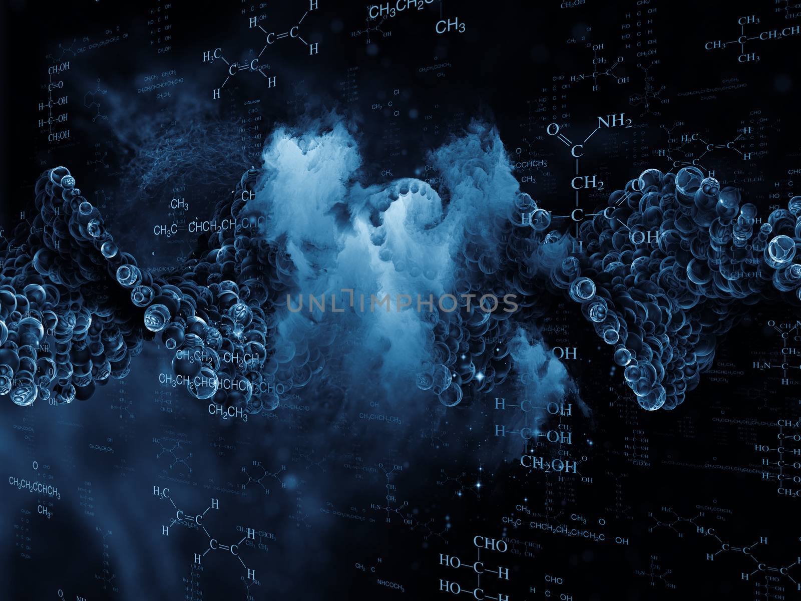 Molecular Dreams series. Arrangement of conceptual atoms, molecules and fractal elements on the subject of biology, chemistry, technology, science and education