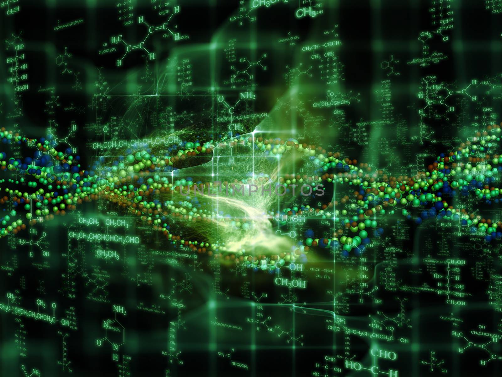 Molecular Dreams series. Visually pleasing composition of conceptual atoms, molecules and fractal elements to serve as  background in works on biology, chemistry, technology, science and education