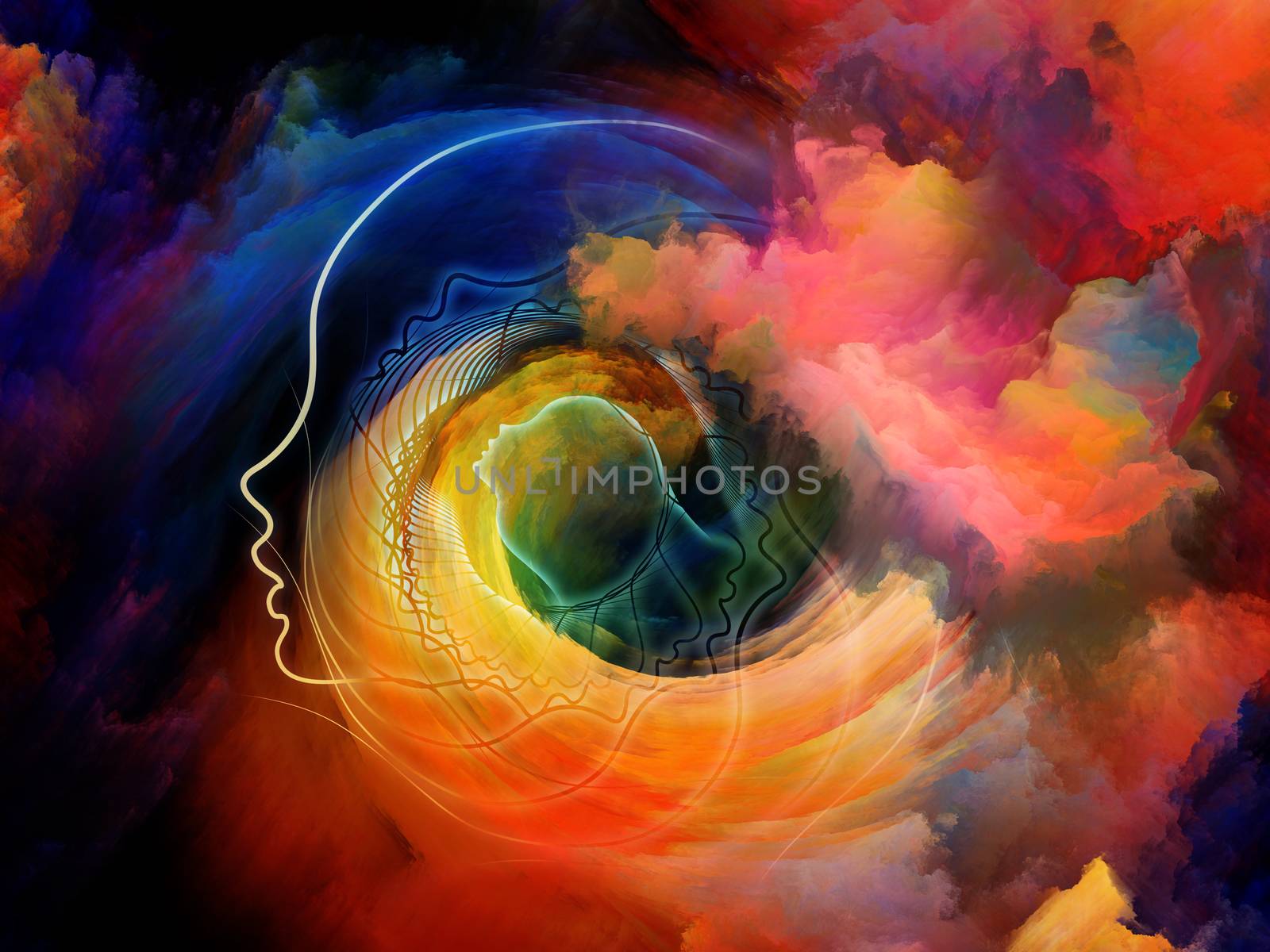 Internal Recurrence series. Interplay of human profile and fractal colors on the subject of inner reality, mental health, imagination, thinking and dreaming