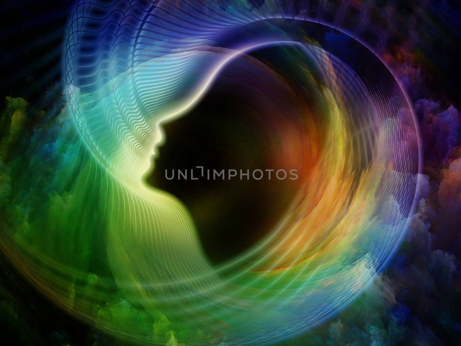 Internal Recurrence series. Composition of human profile and fractal colors on the subject of inner reality, mental health, imagination, thinking and dreaming