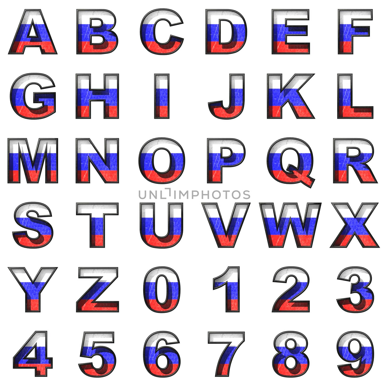 Russian metal alphabet set on white