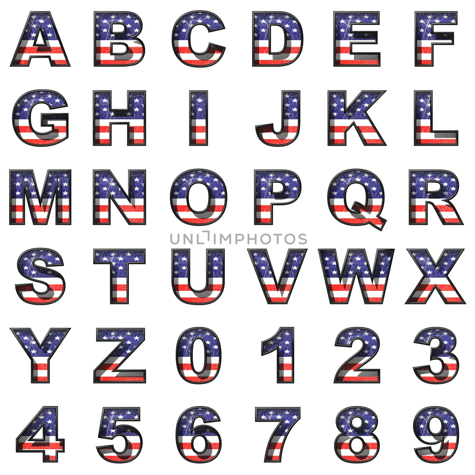 American metal alphabet set on white