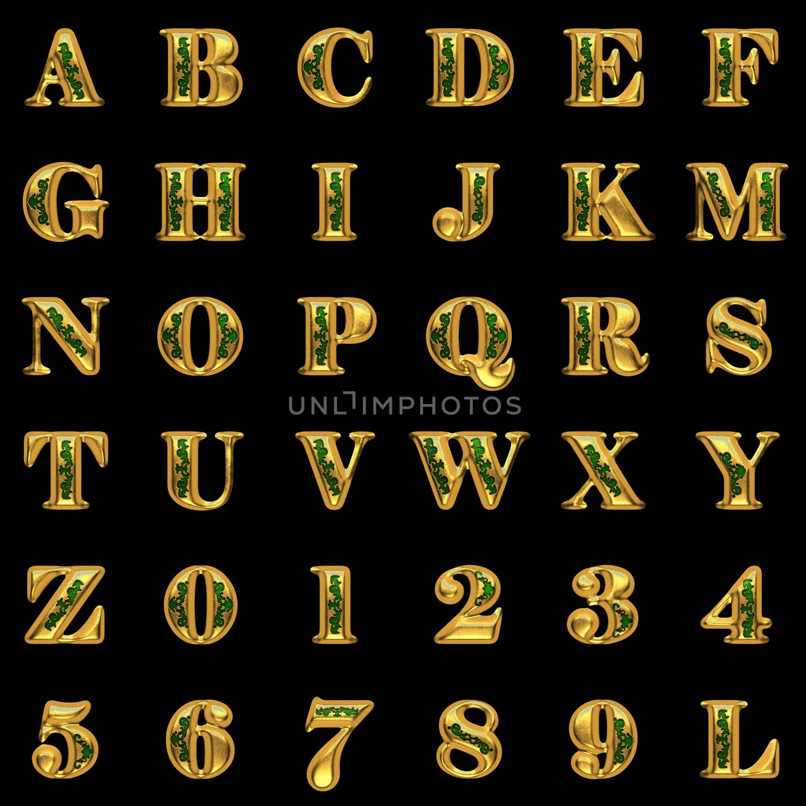 golden alphabet set on black background