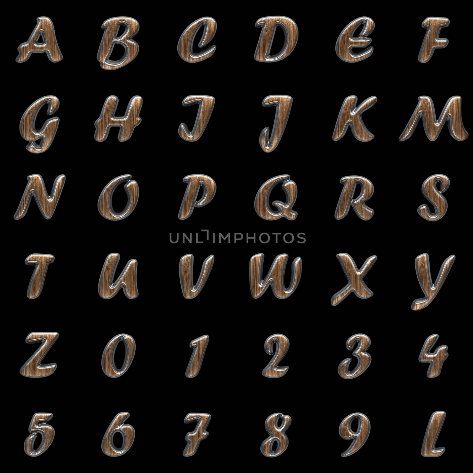 metal and wood alphabet set on black background