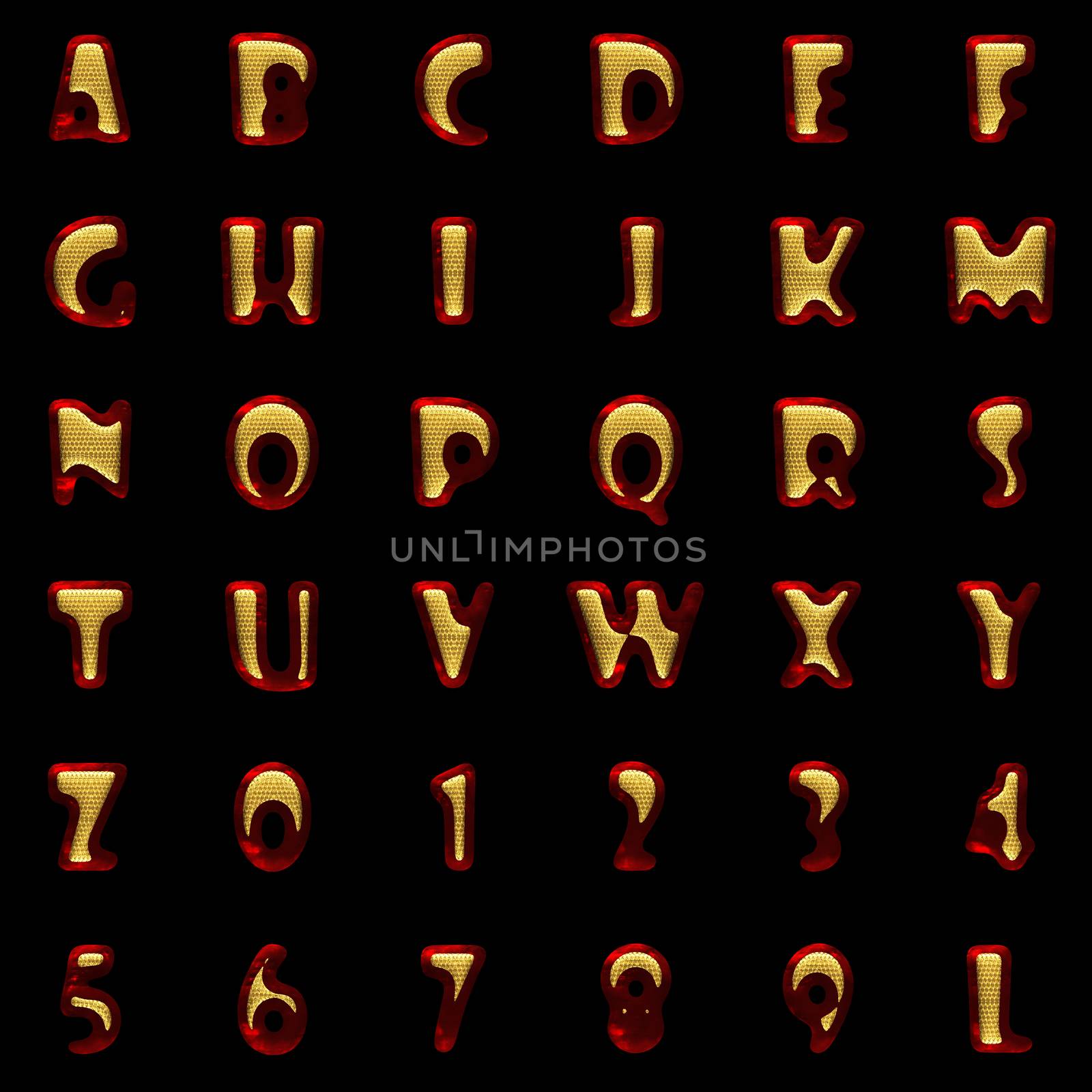 red velvet alphabet with gold on black background