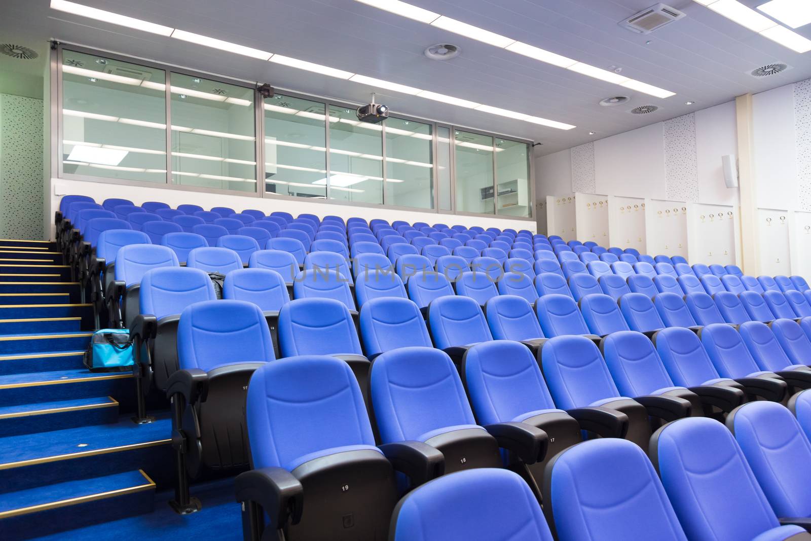 Interior of empty conference hall with blue velvet chairs.