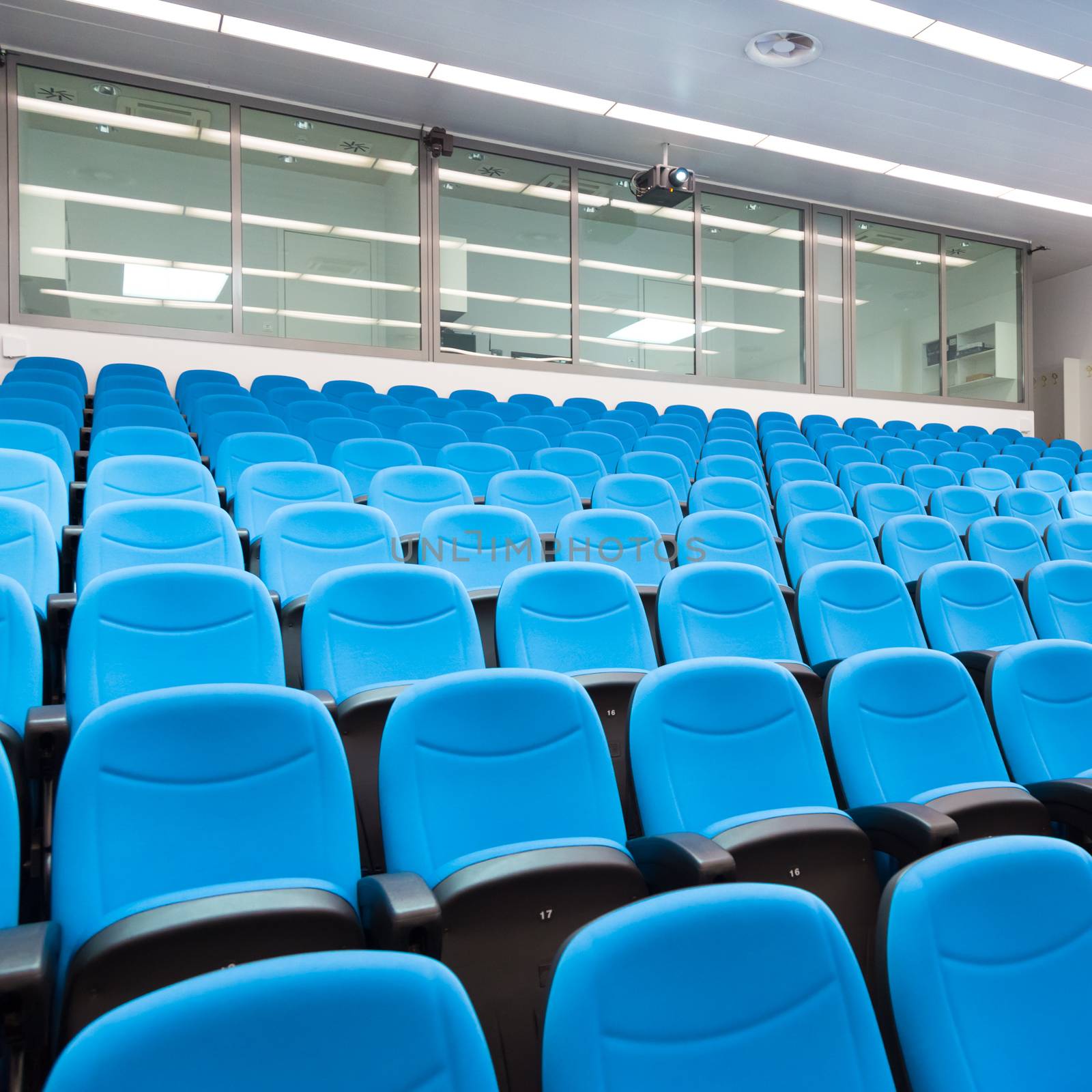 Interior of empty conference hall with blue velvet chairs.