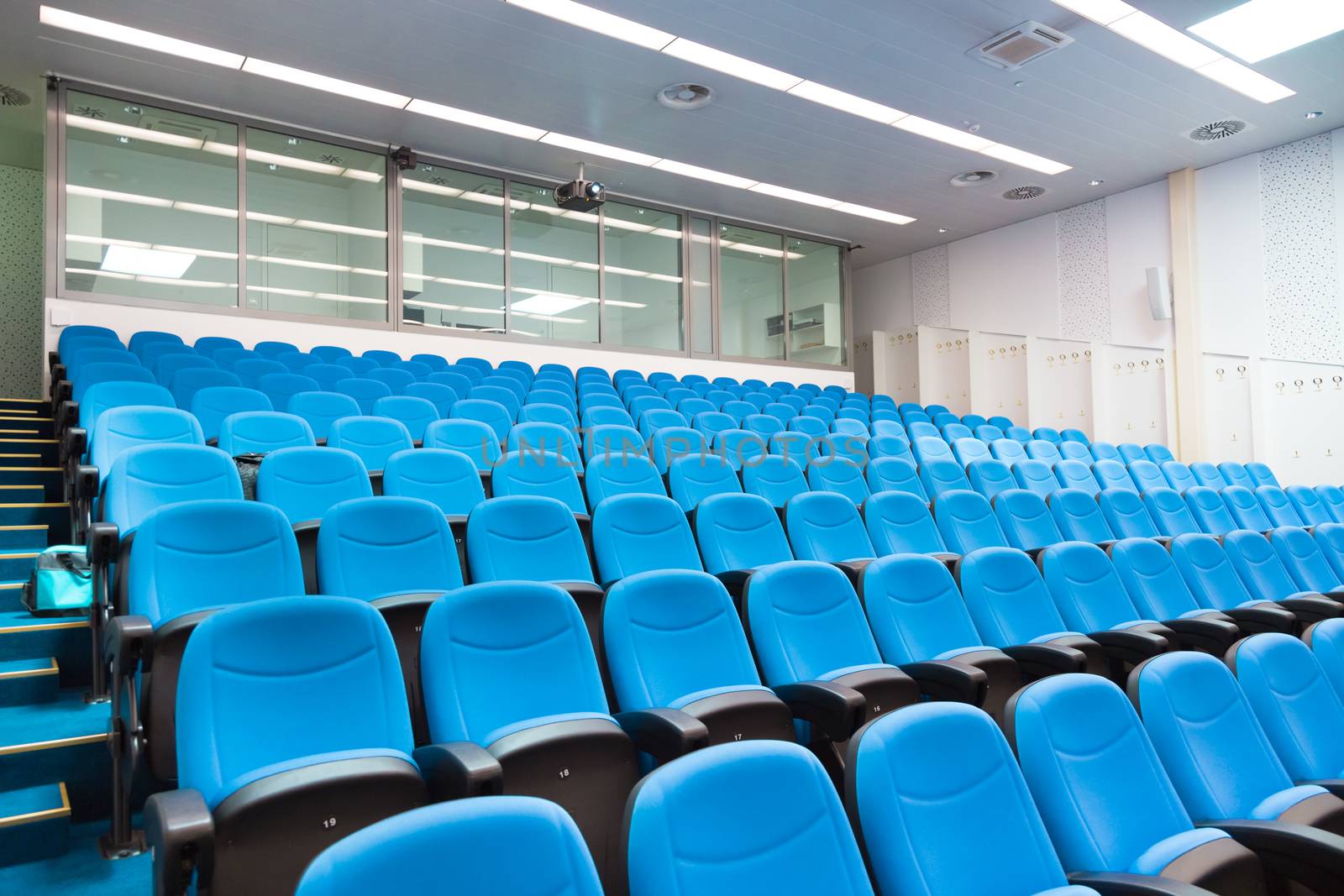 Interior of empty conference hall with blue velvet chairs.