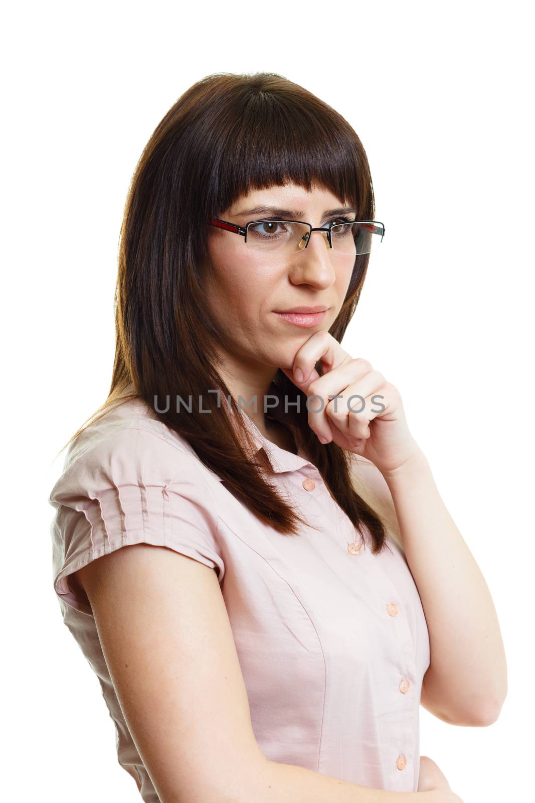 young attractive girl in glasses on a white background isolation