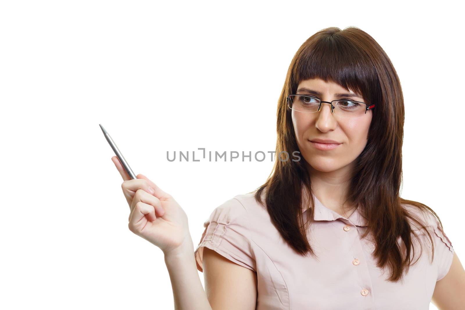 young attractive girl in glasses with a pointer on a white background