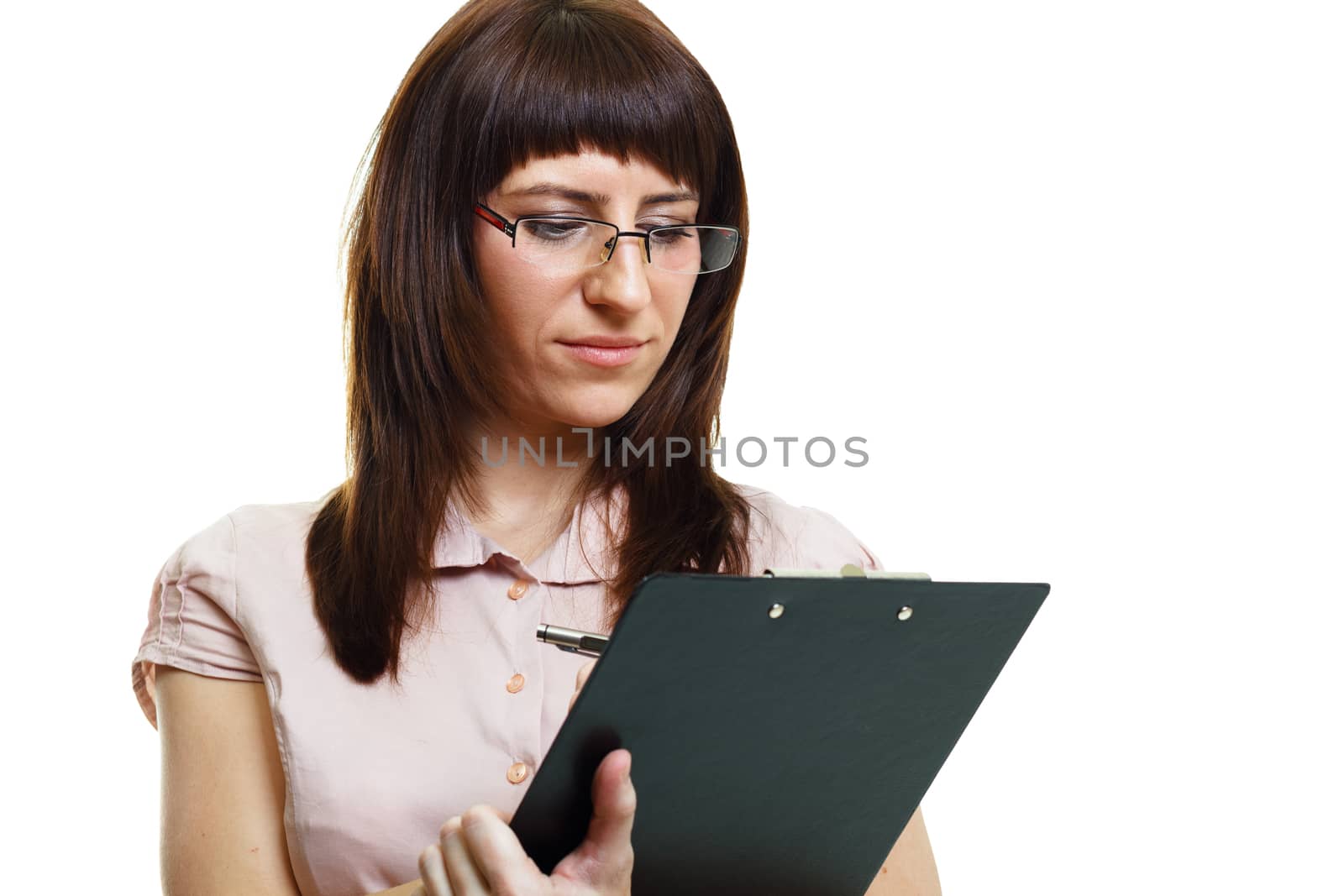 young beautiful woman in glasses with a pen and documents on white background