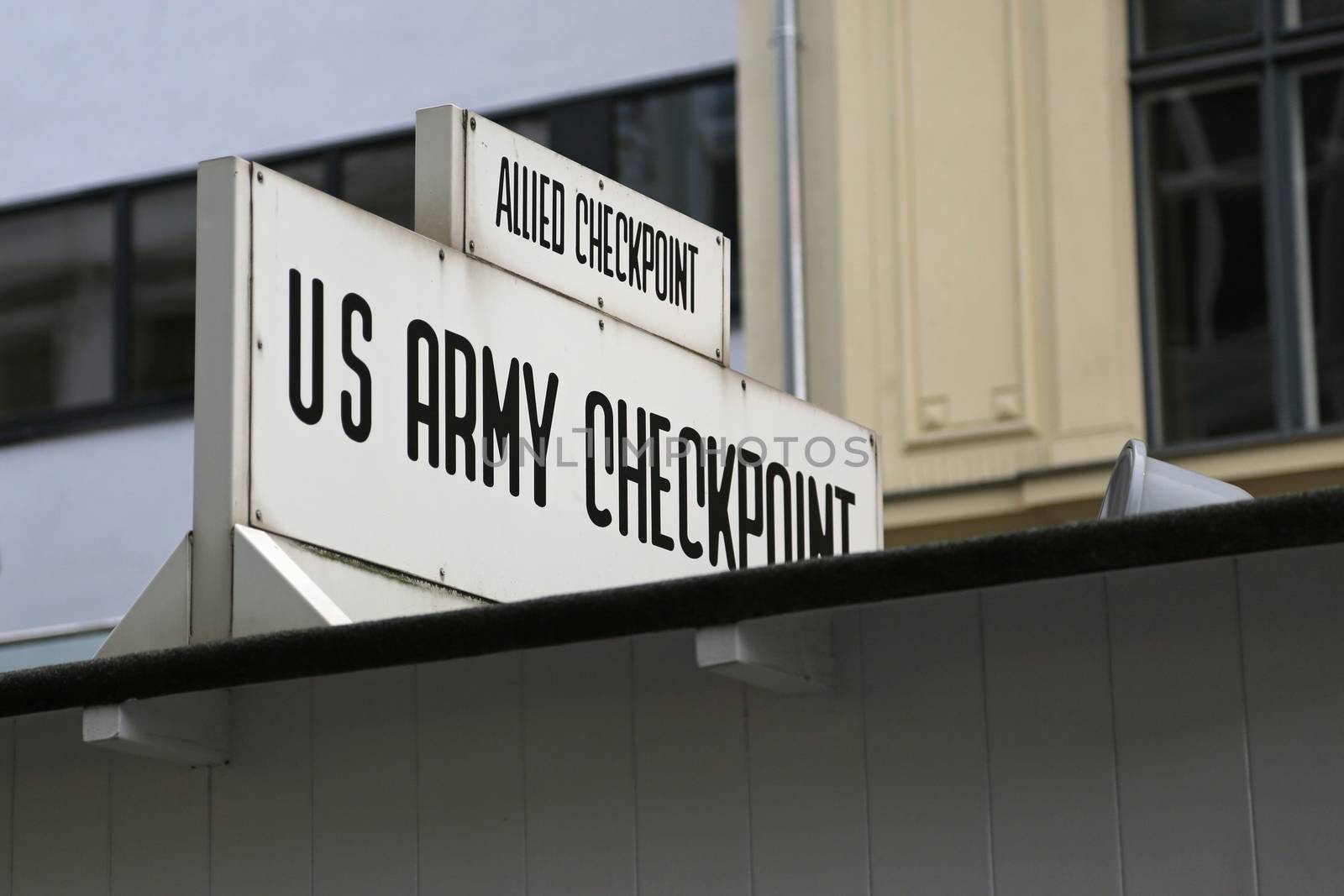 Checkpoint Charlie. The best-known Berlin Wall crossing point between East and West Berlin during the Cold War