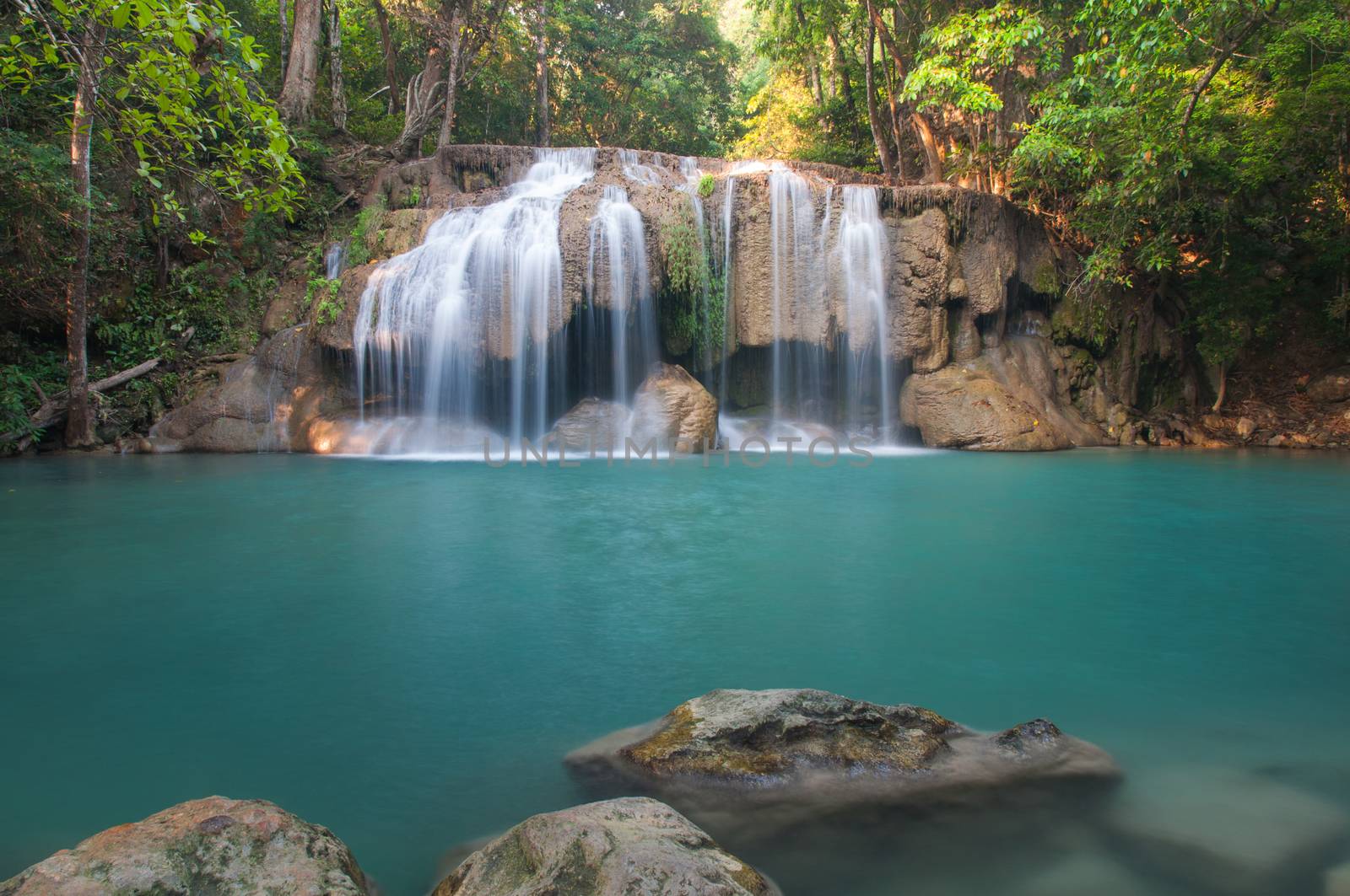 Waterfall deep forest  at Erawan waterfall National Park Kanchanaburi of Thailand