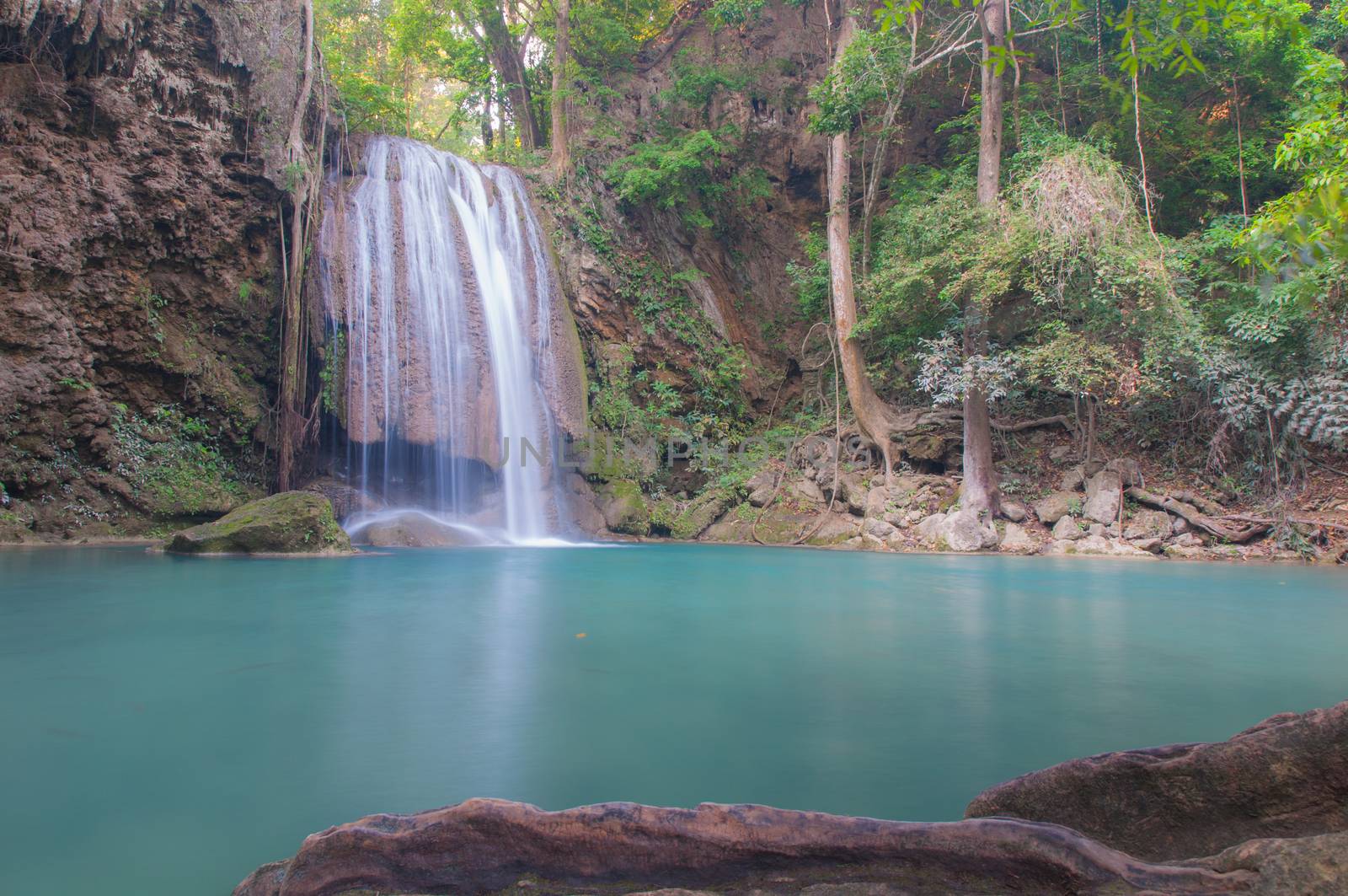 Waterfall deep forest  at Erawan waterfall National Park Kanchanaburi of Thailand