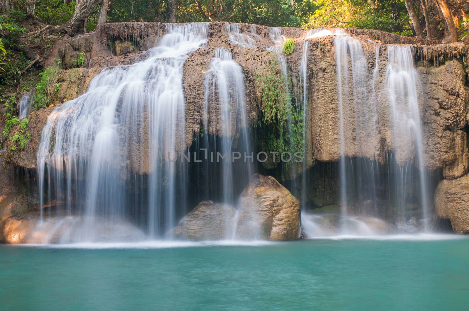 Waterfall deep forest  at Erawan waterfall National Park Kanchanaburi of Thailand