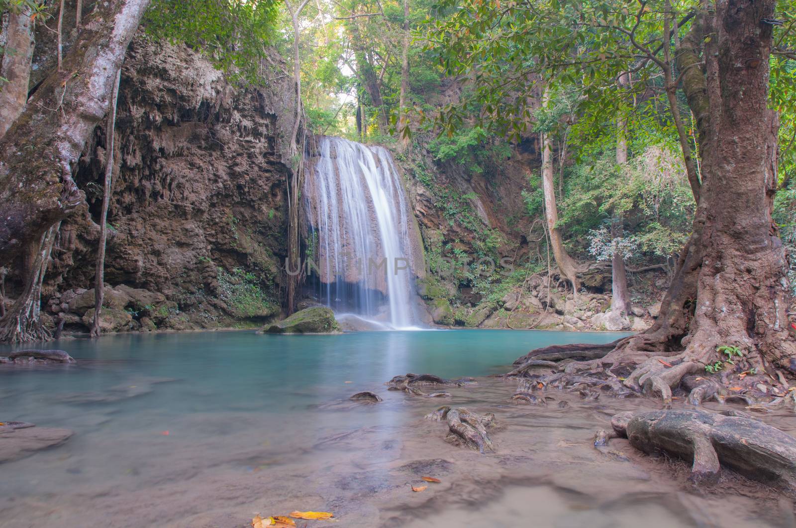 Waterfall deep forest  at Erawan waterfall National Park Kanchanaburi of Thailand