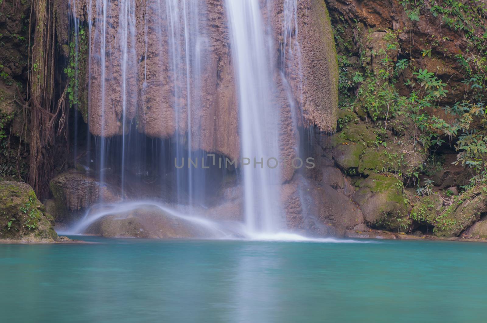 Waterfall deep forest  at Erawan waterfall National Park Kanchanaburi of Thailand