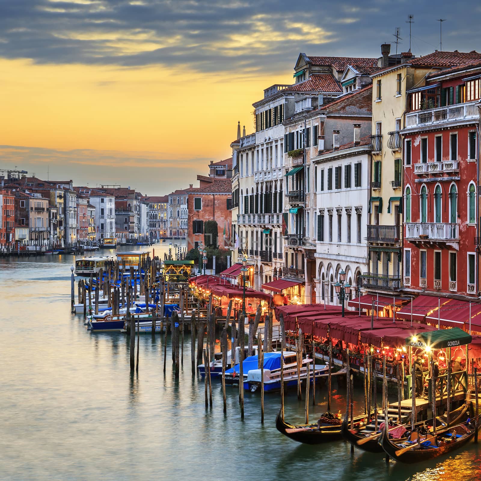 Famous view of Grand Canal at sunset, Venice 