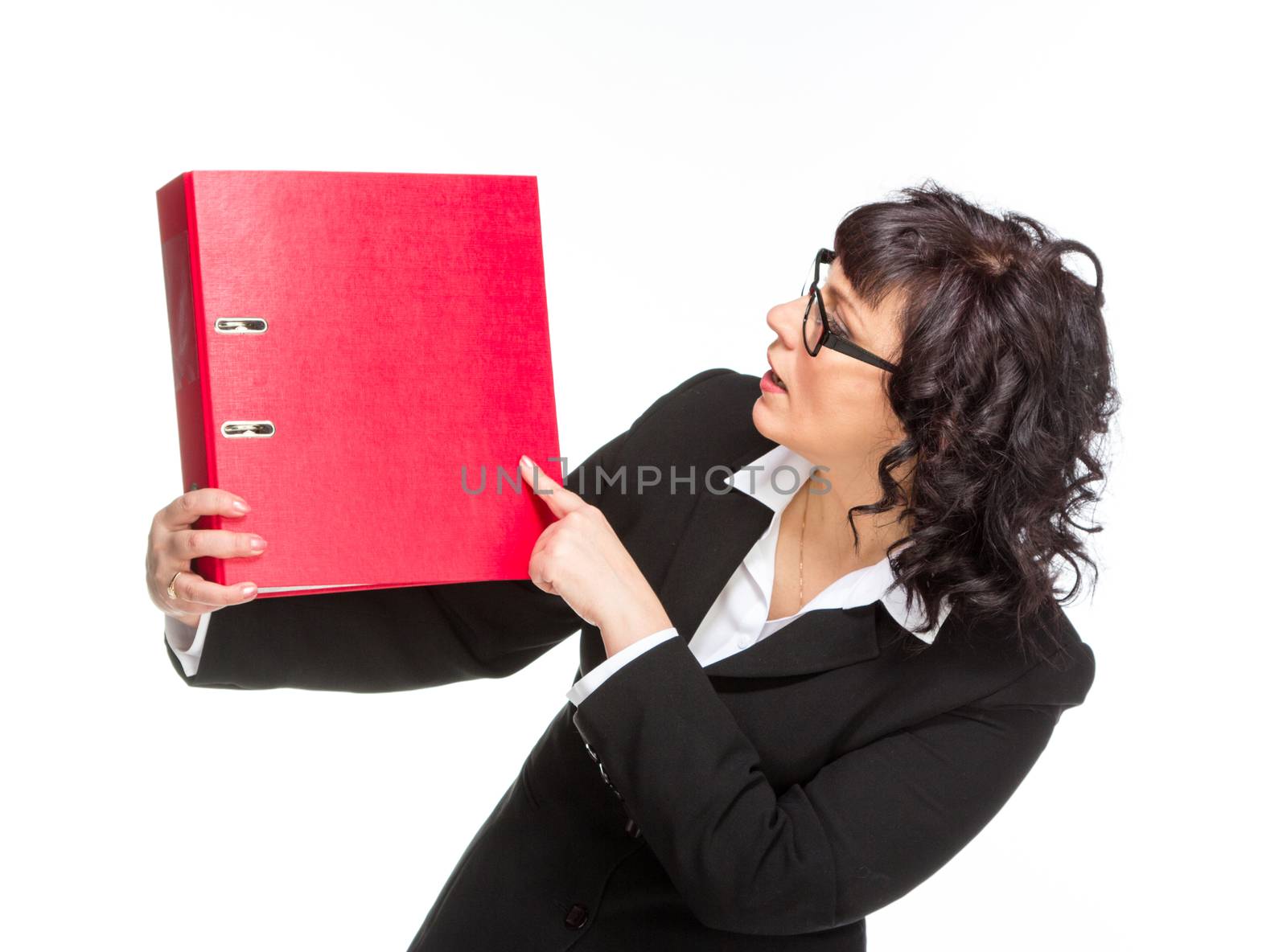 Cheerful senior business woman with folder, isolated on white