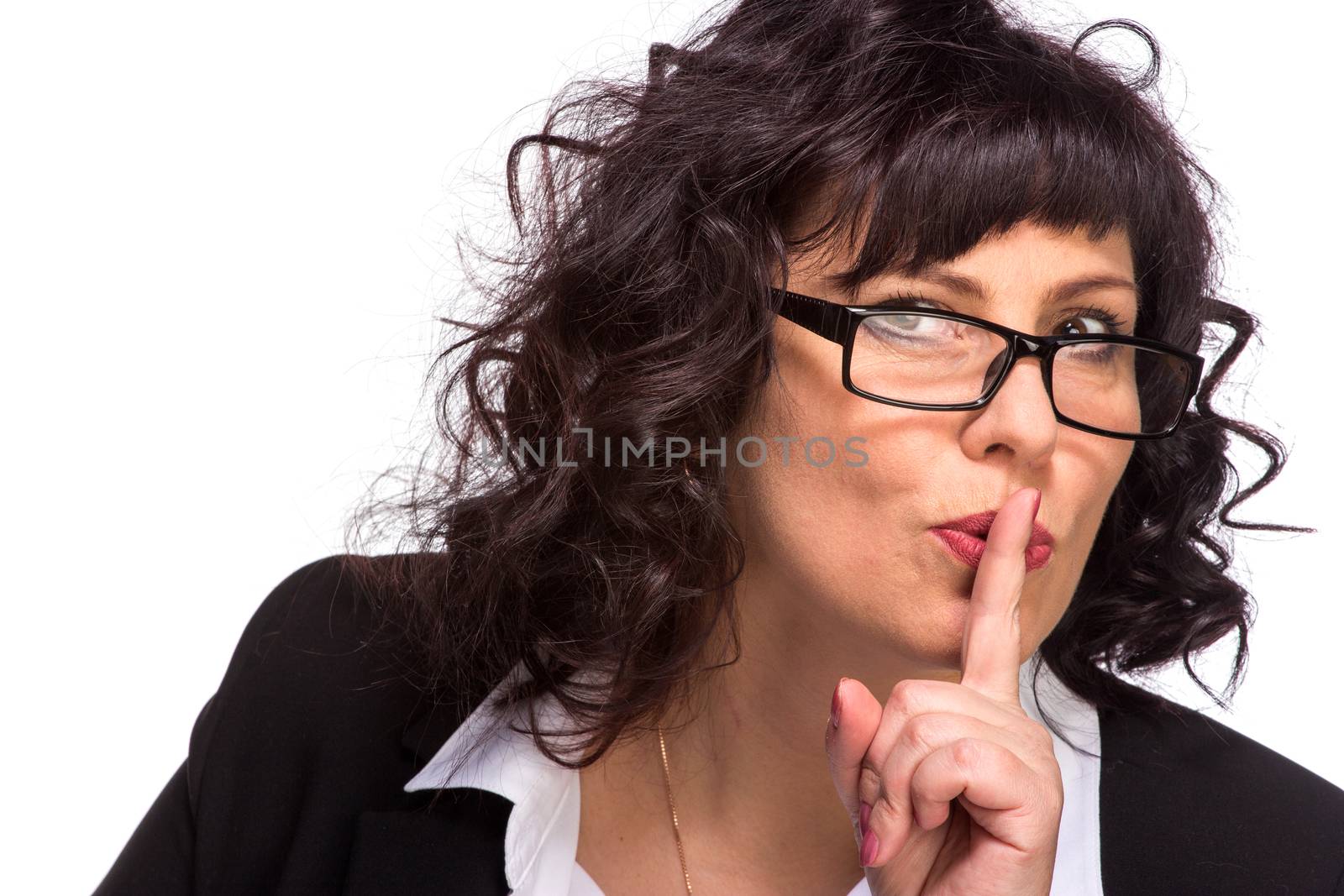 Portrait of mature woman smiling, wearing glasses, isolated on white, looking at camera. looking at camera.