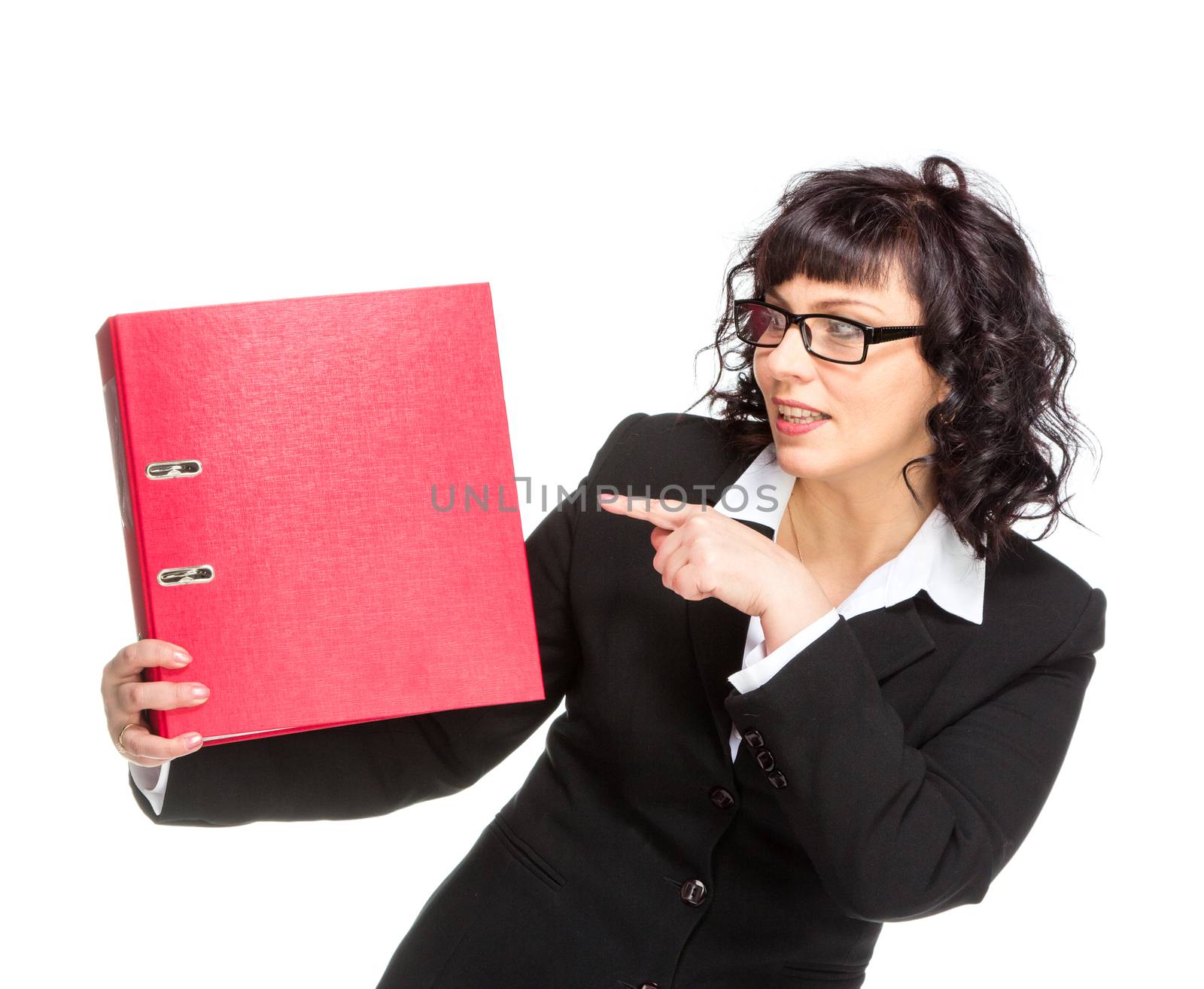 Cheerful senior business woman with folder, isolated on white