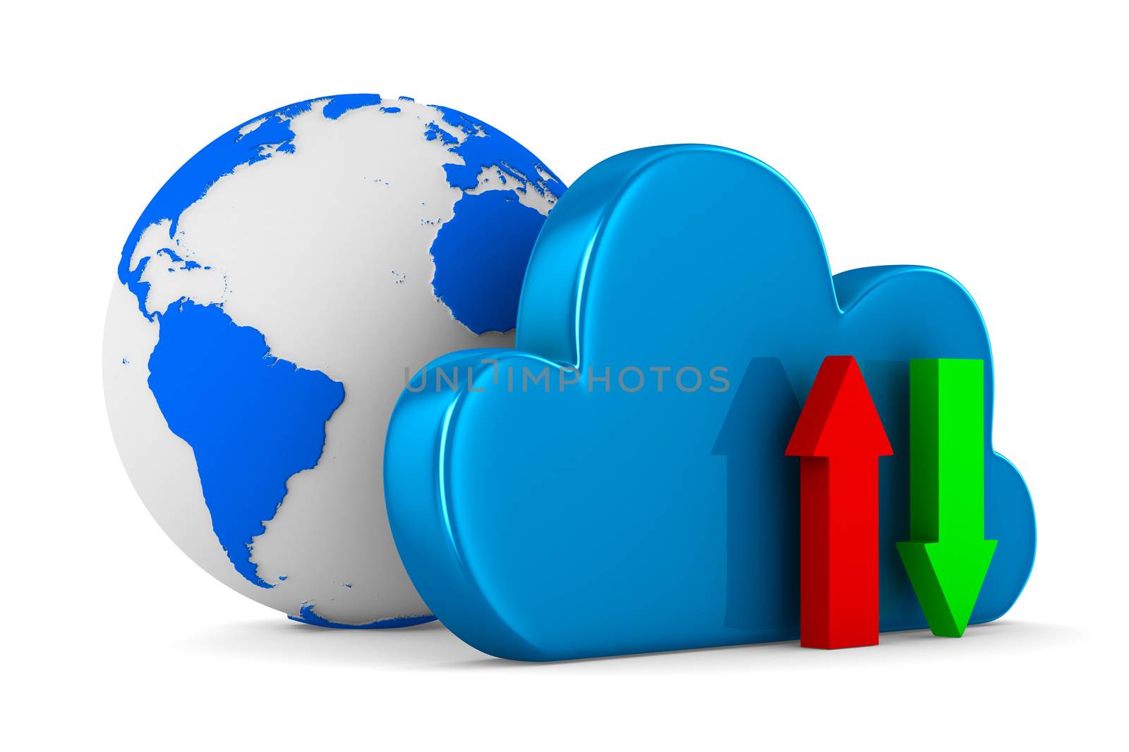 Cloud and arrows on white background. Isolated 3D image