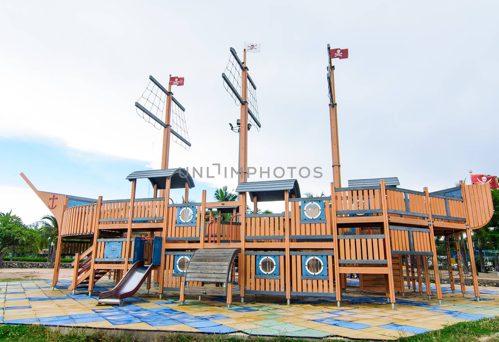 Playground without children with pirate ship
