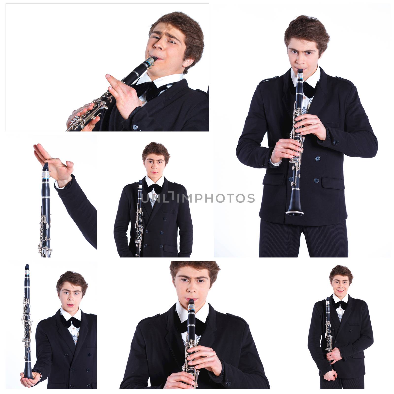 Collage of images portrait of a young man in a suit playing on clarinet. Isolated on background