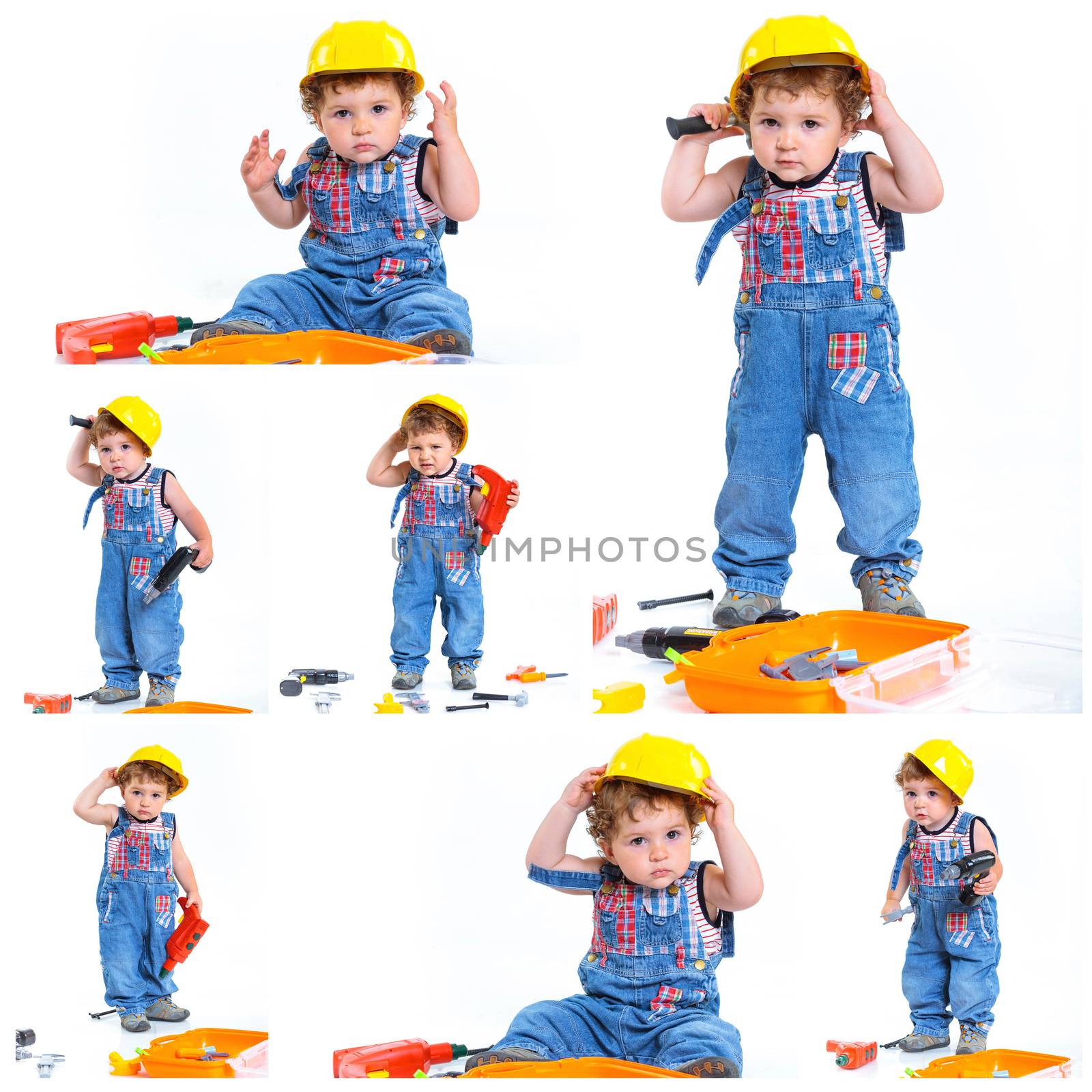 Collage of images of Little builder. Baby boy in a helmet plays in the builder with tools. Isolated over white.