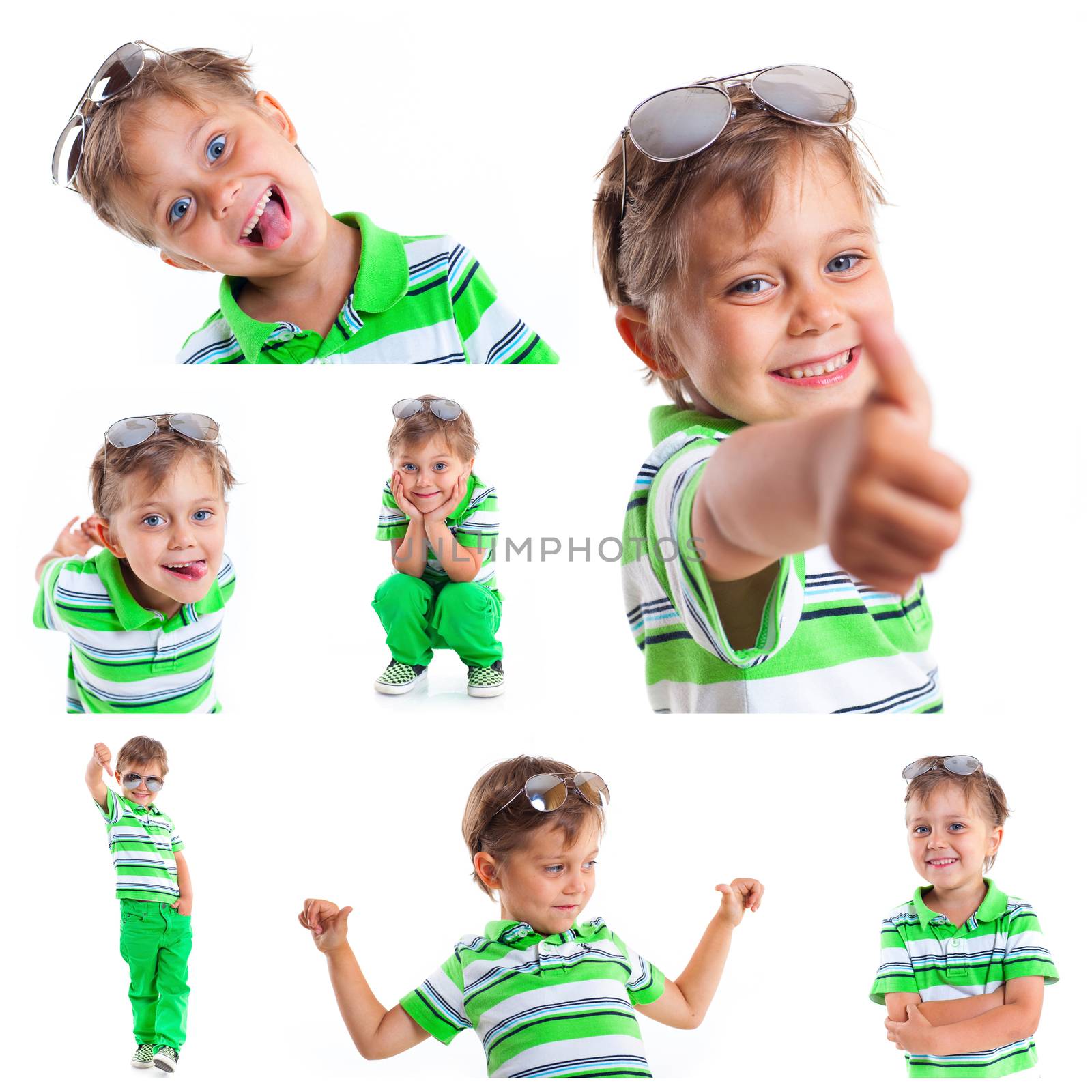 Collage of images of a boy with sunglasses and wearing green clothing. Isolated on white background