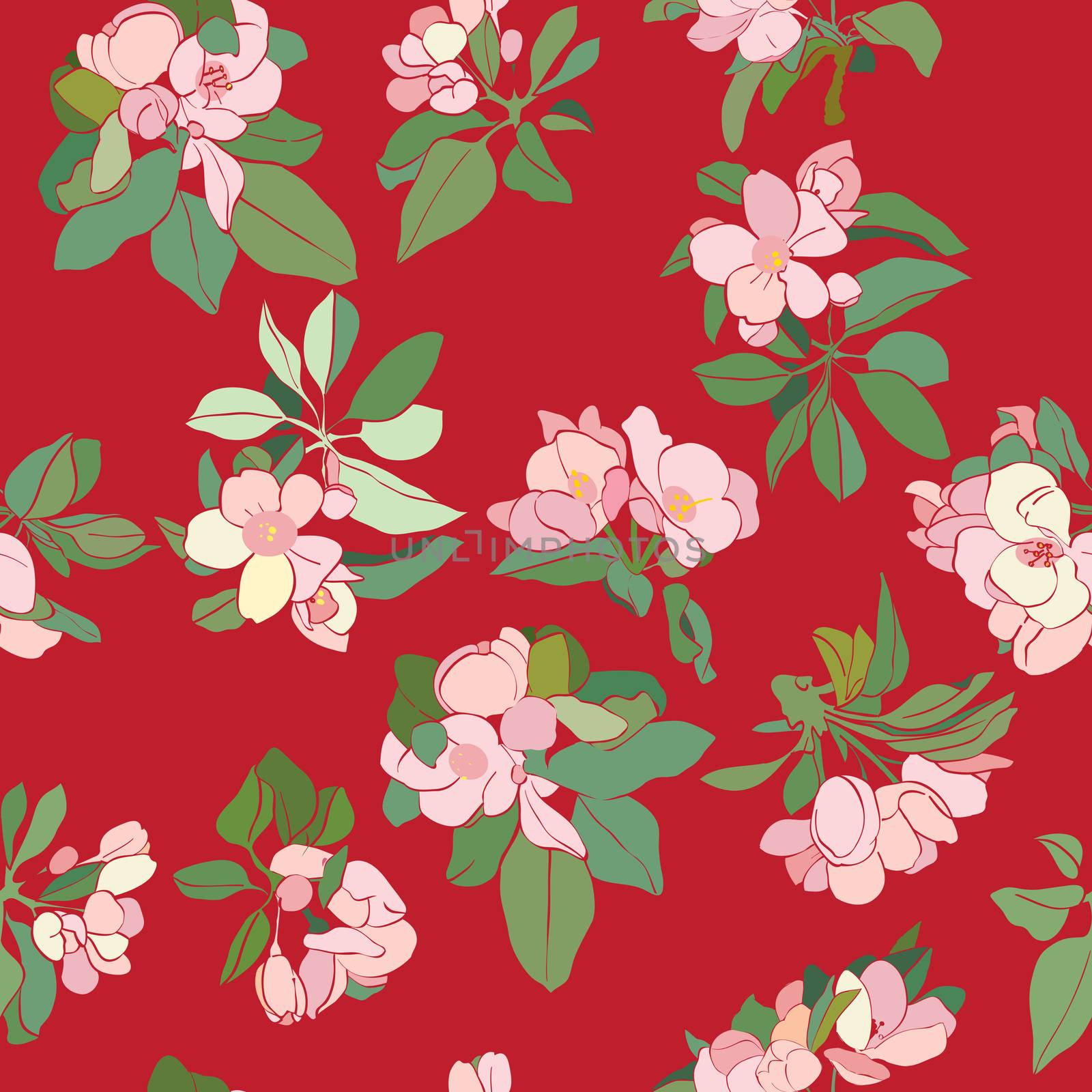 Apple tree cartoon flowers decorative pattern, spring hand drawn illustration over a red background