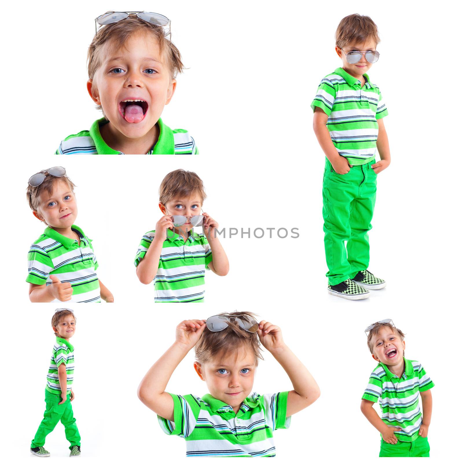 Collage of images of a boy with sunglasses and wearing green clothing. Isolated on white background