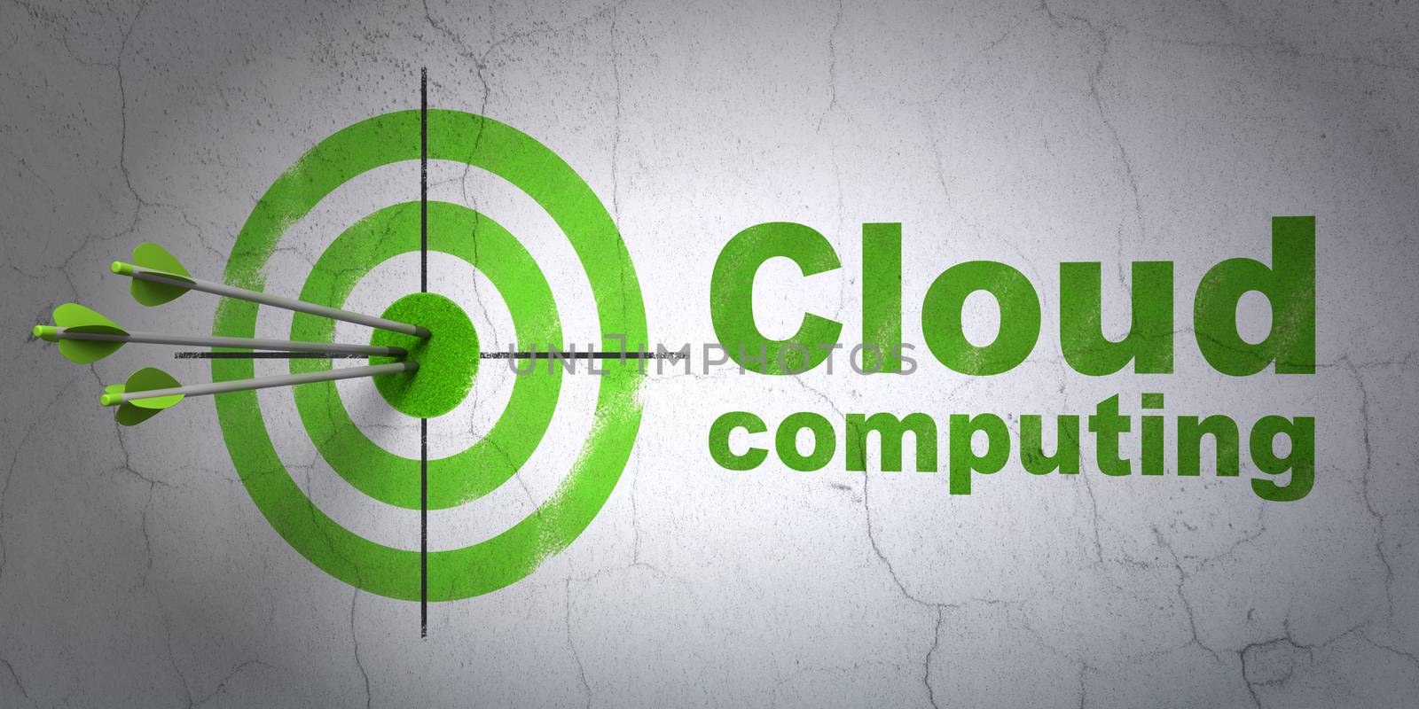 Success cloud networking concept: arrows hitting the center of target, Green Cloud Computing on wall background, 3d render