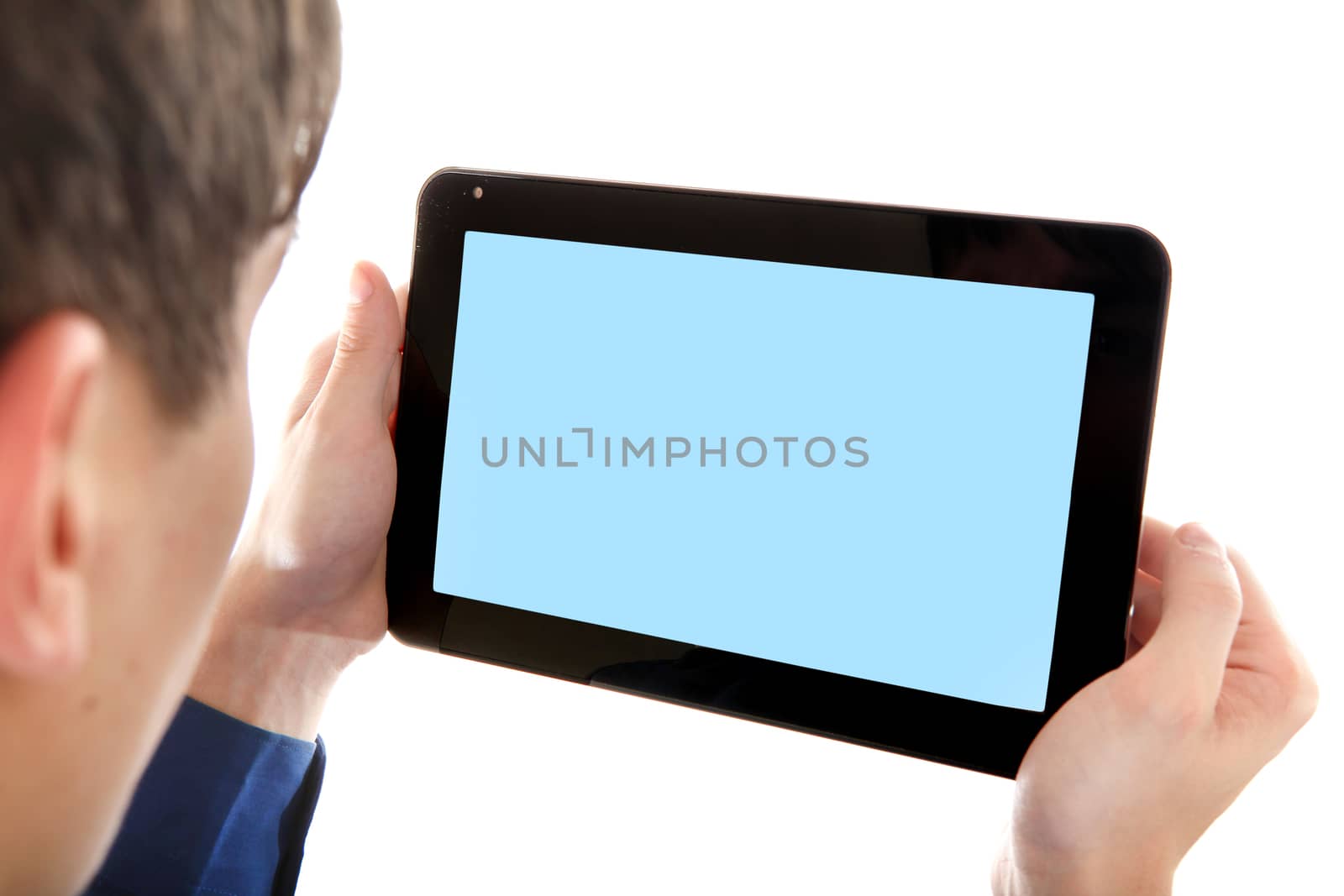 Person holding Tablet Computer with Empty screen Isolated on the White Background