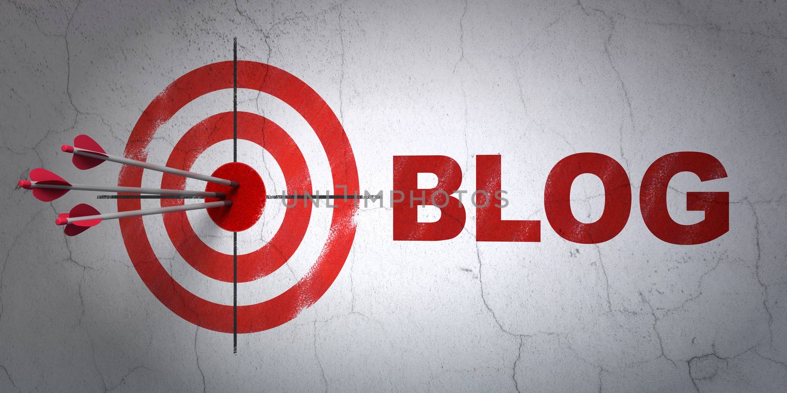 Success web design concept: arrows hitting the center of target, Red Blog on wall background, 3d render