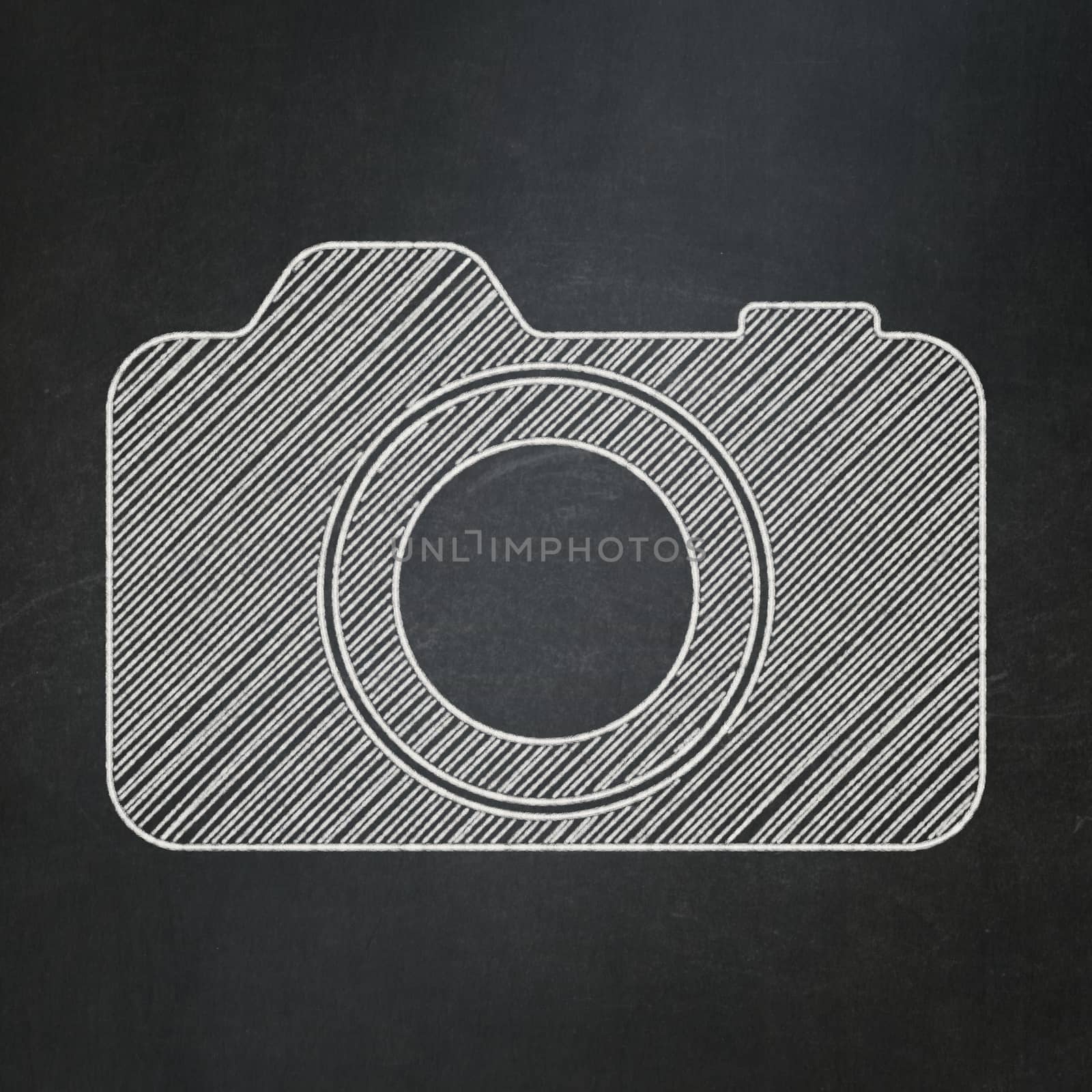 Tourism concept: Photo Camera icon on Black chalkboard background, 3d render