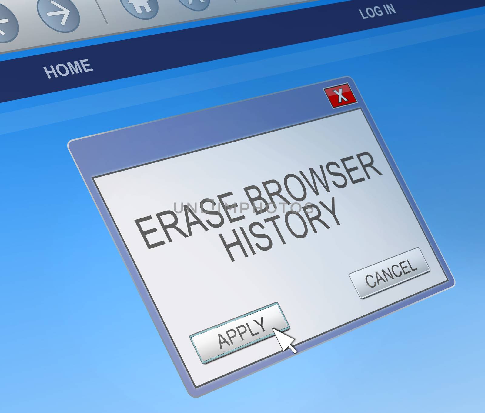 Illustration depicting a computer dialogue box with a delete browsing history concept.