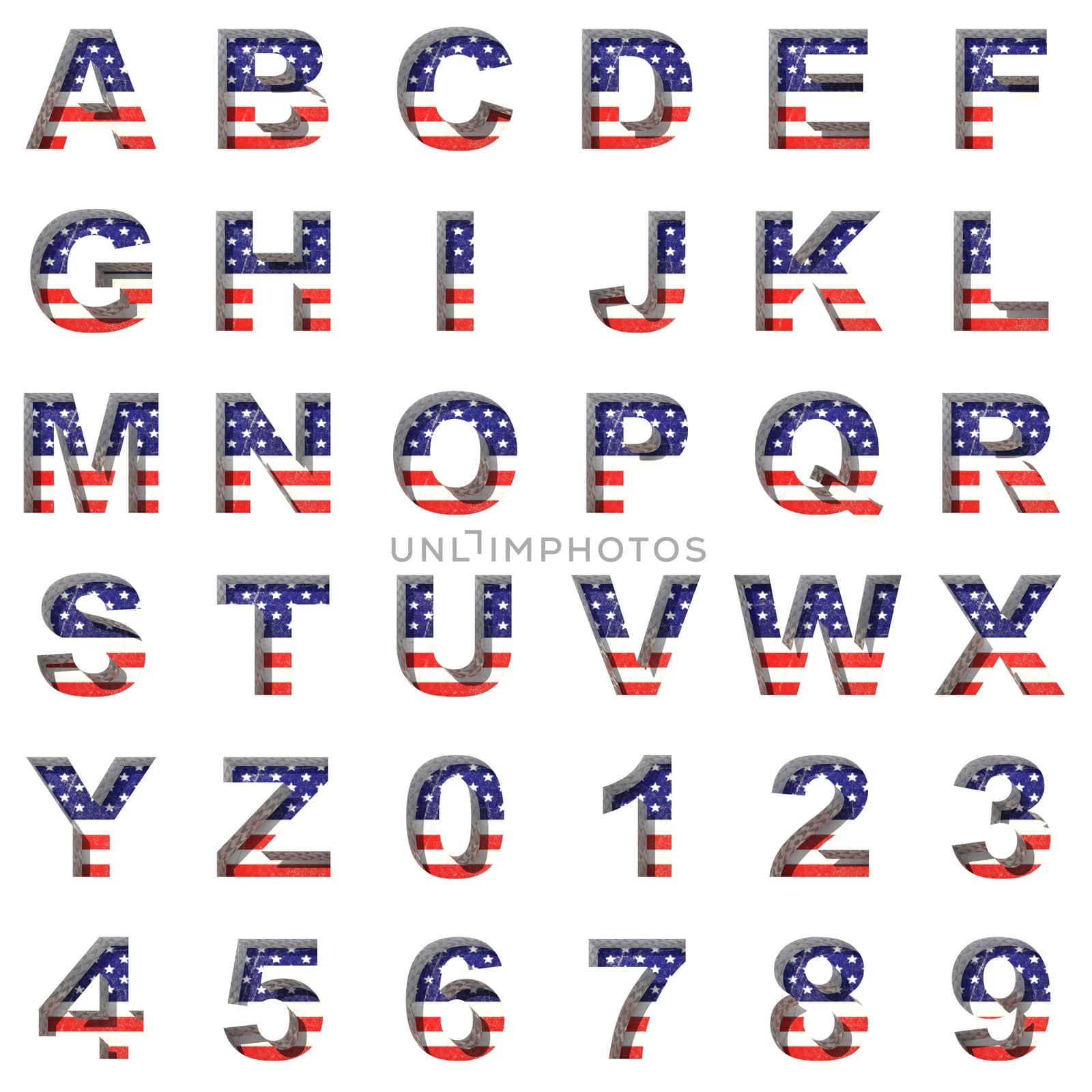 American metal alphabet set on white