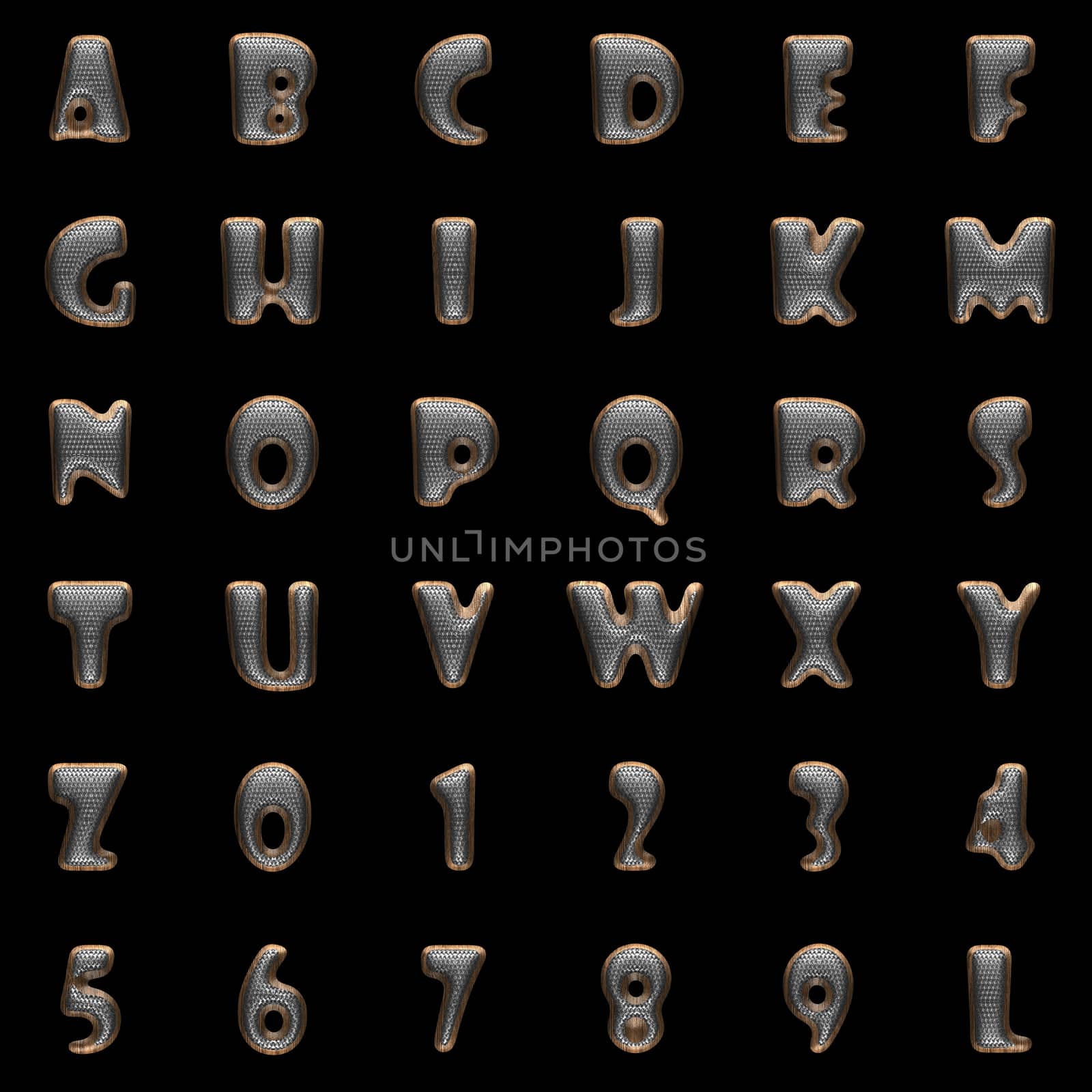 metal and wood alphabet set on black background