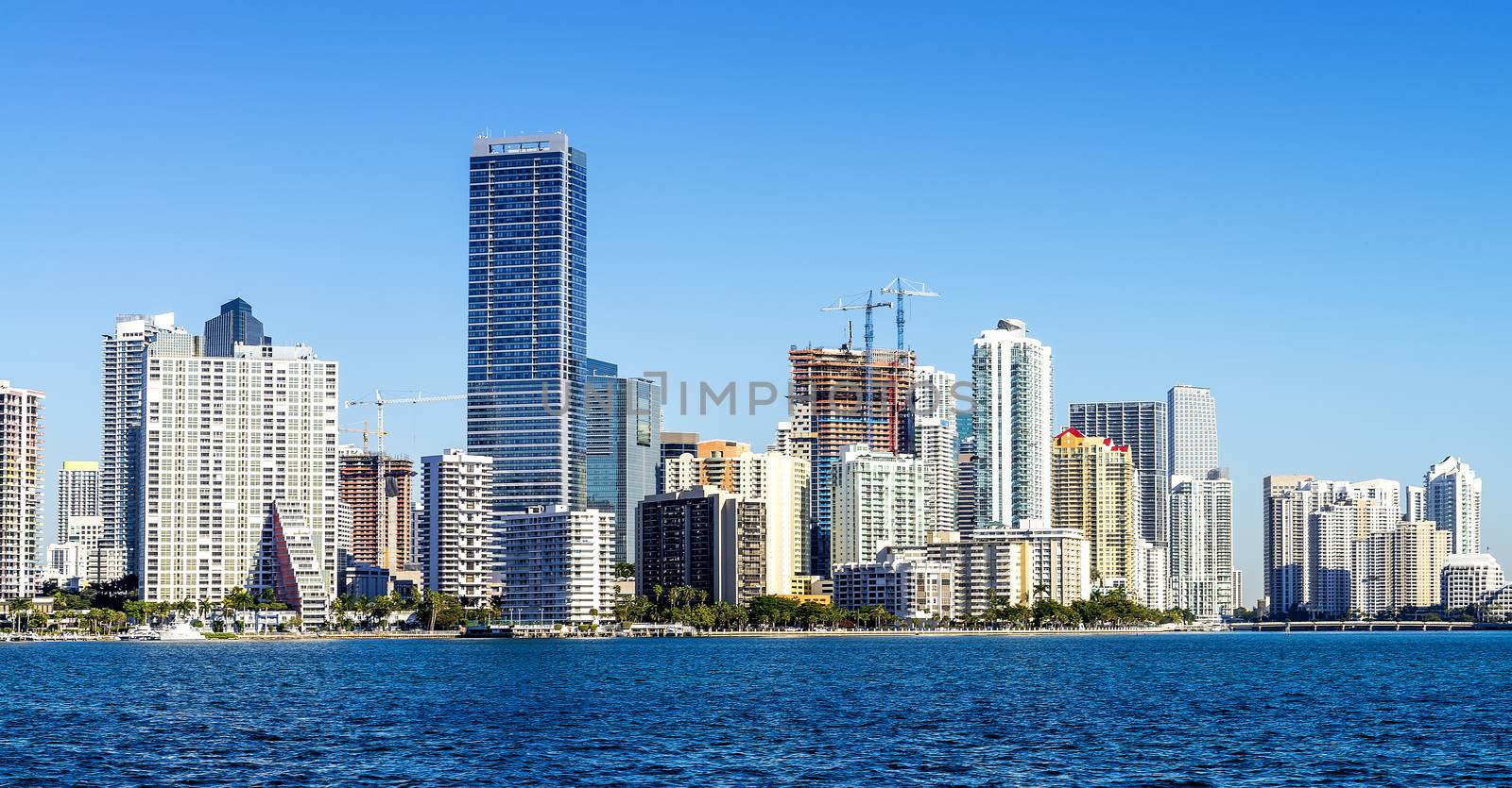 Miami Downtown skyline in daytime with Biscayne Bay.