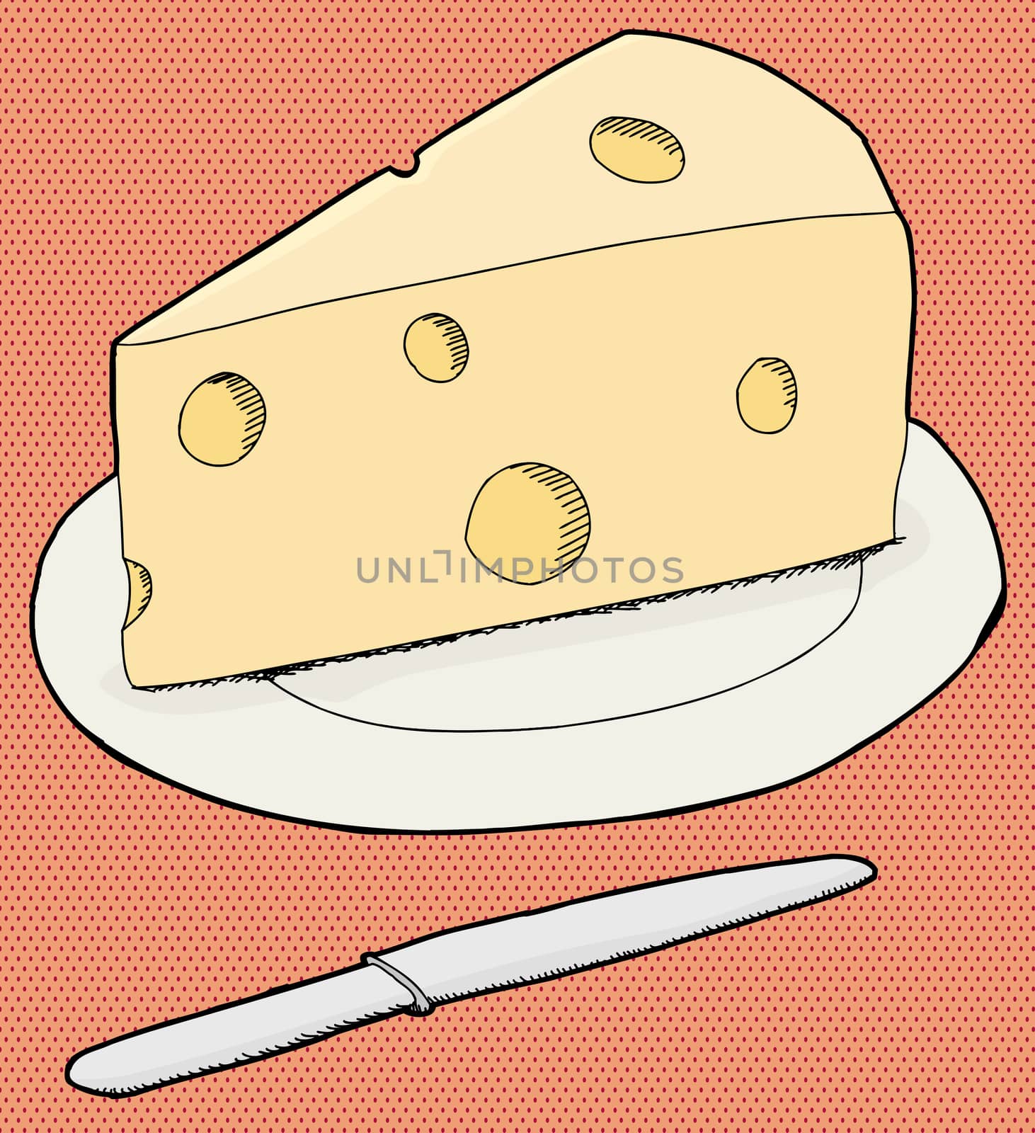 Cheese on plate and knife over halftone background