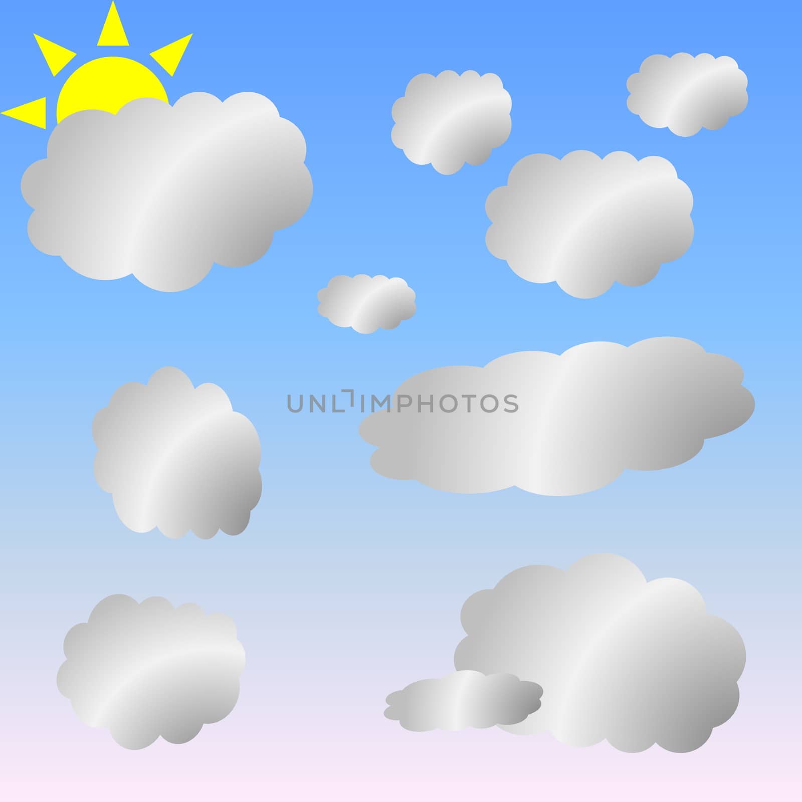 Sun and little grey clouds in clear blue sky