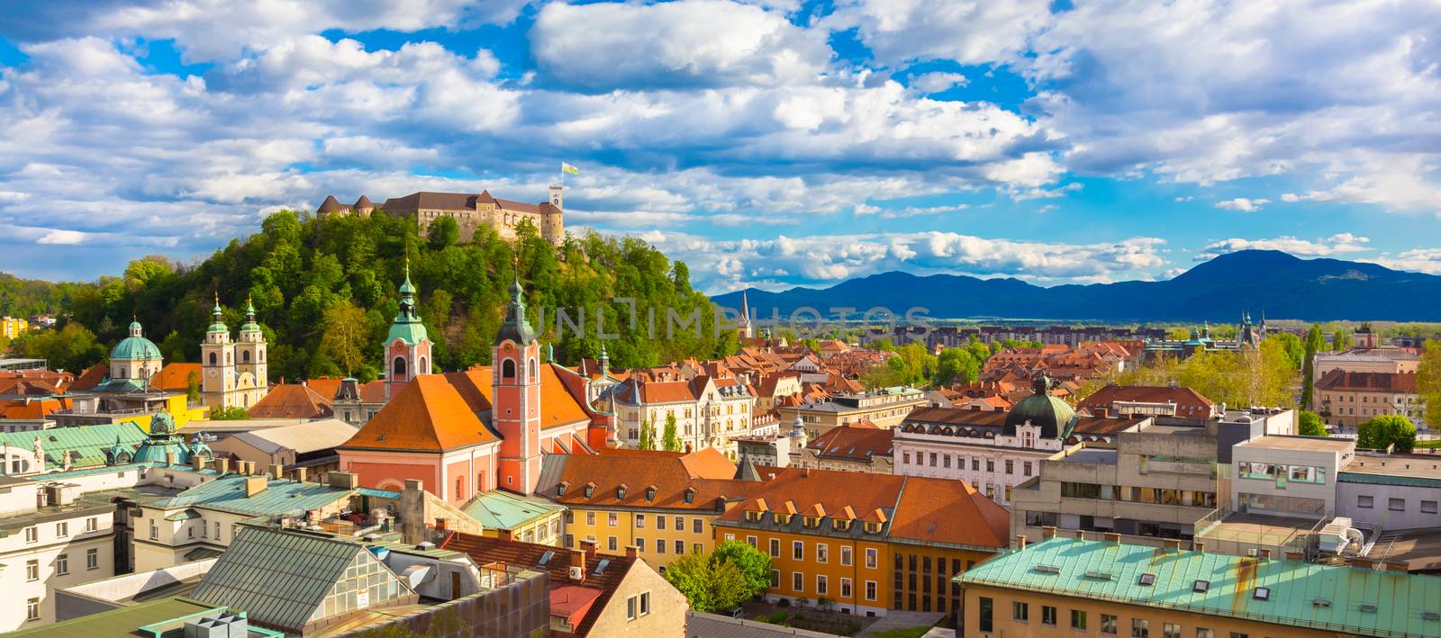 Panorama of the Slovenian capital Ljubljana at sunset.