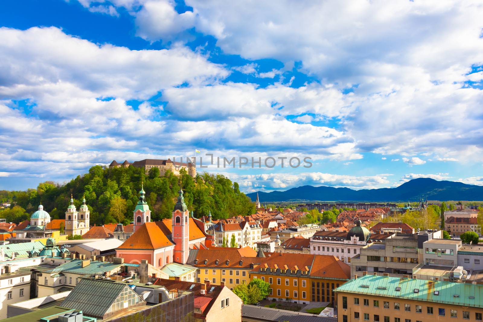 Panorama of the Slovenian capital Ljubljana at sunset.