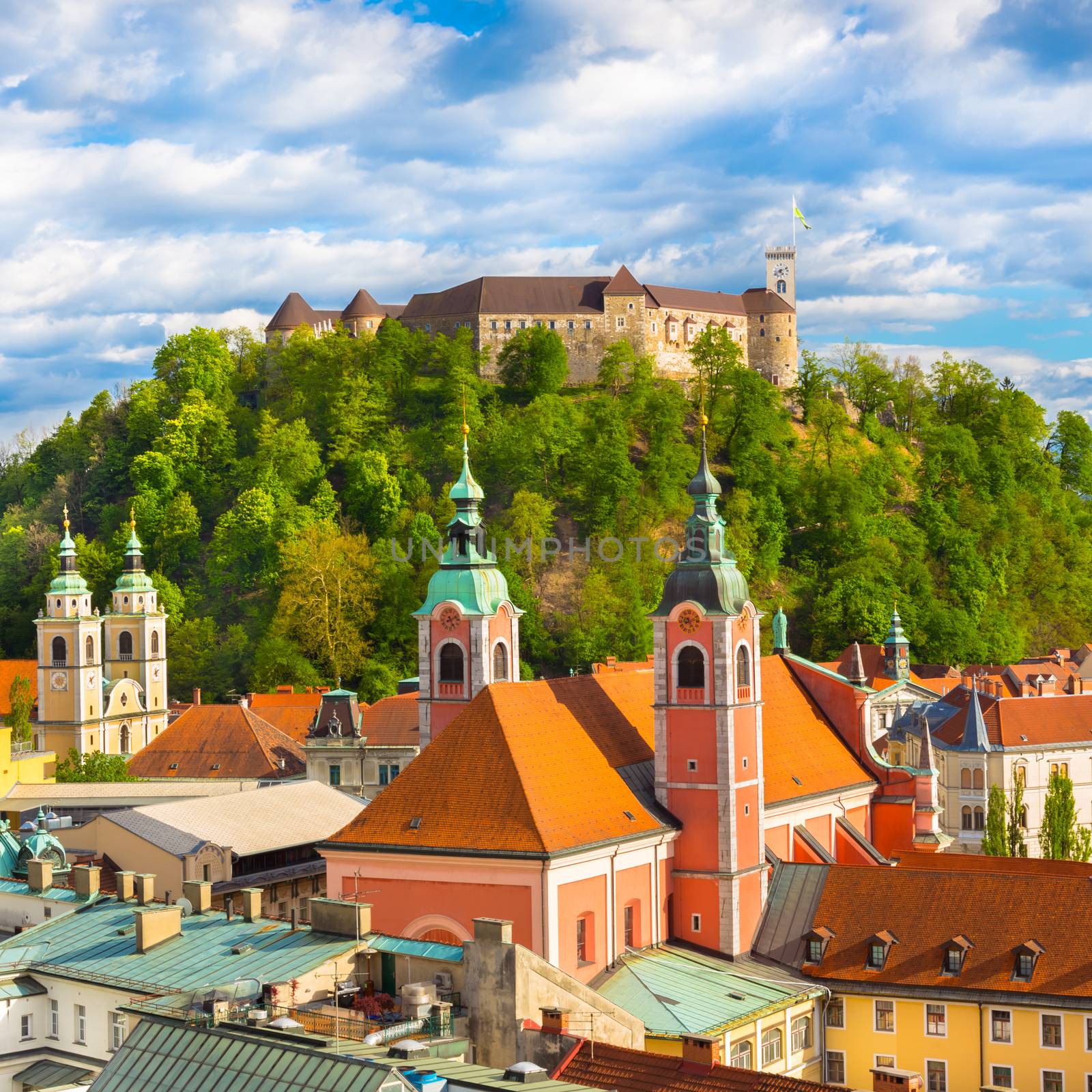 Panorama of the Slovenian capital Ljubljana at sunset.