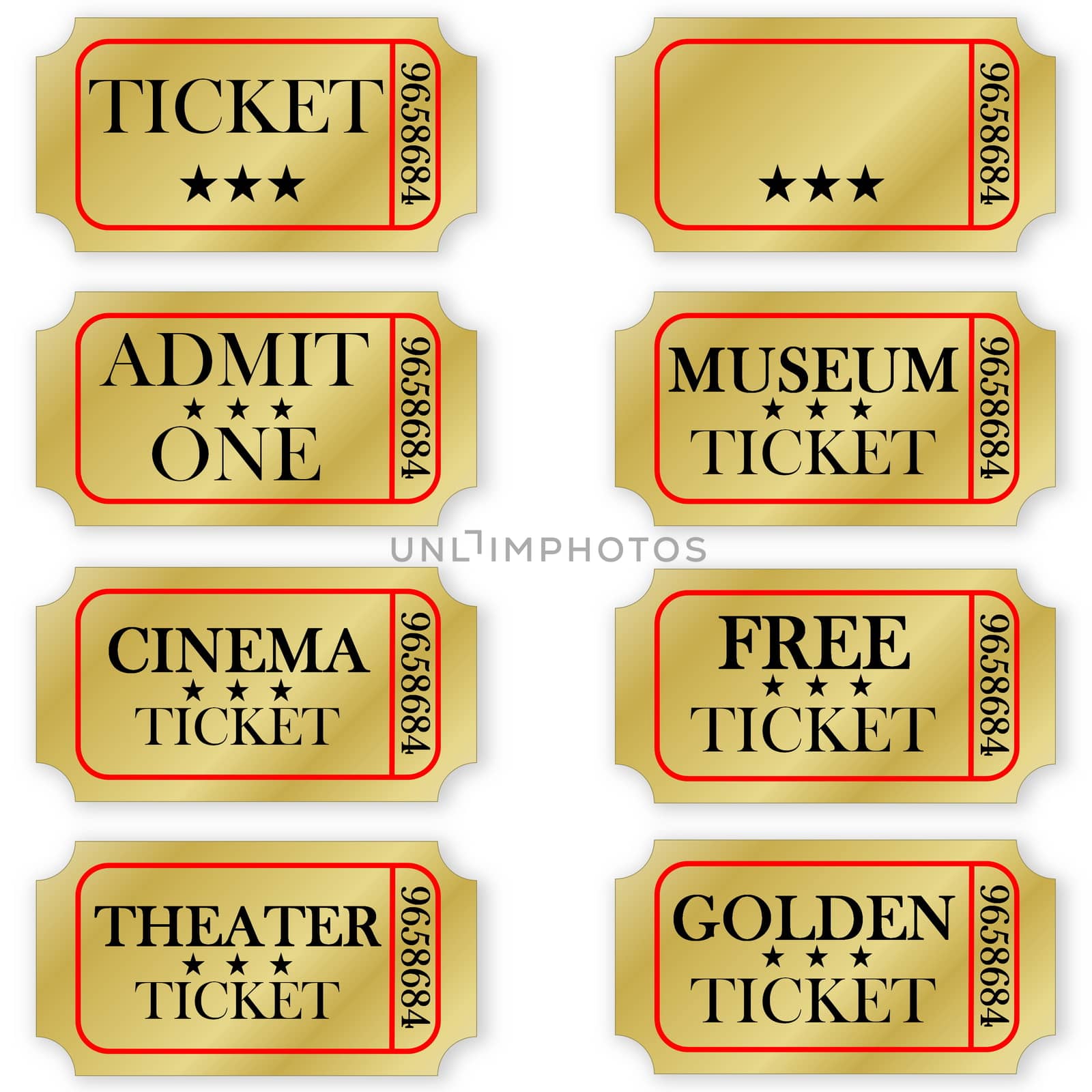 Various golden tickets isolated in white background