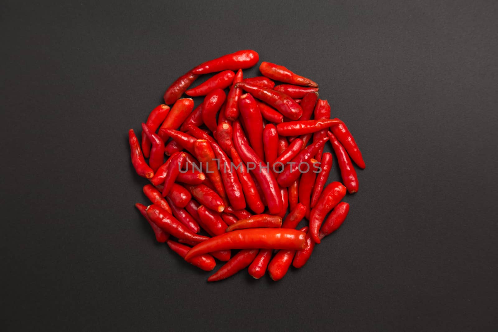 Circle made of non-stem red bird eye chili peppers on grey background 