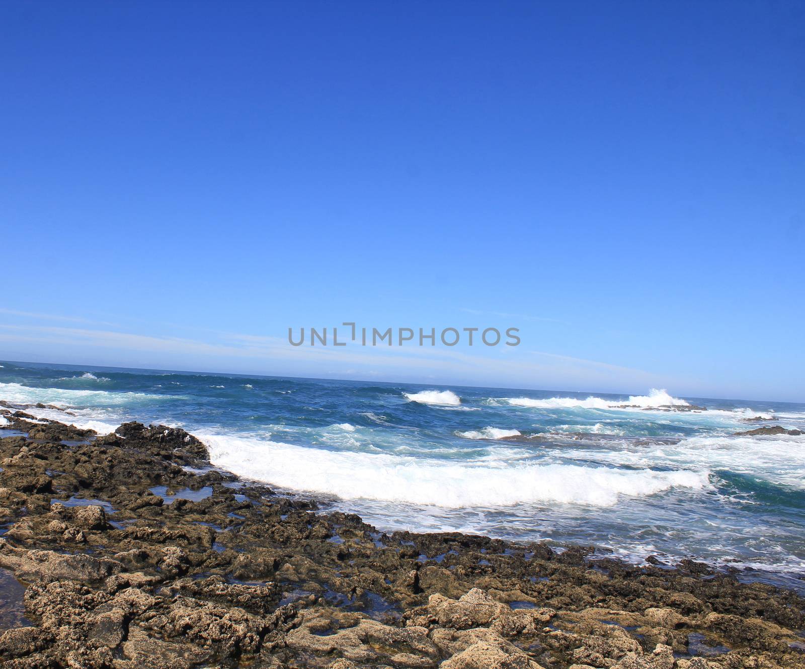 Turbulent ocean waves with white foam beat coastal stones, Fuerteventura, Canary Islands at La Pared